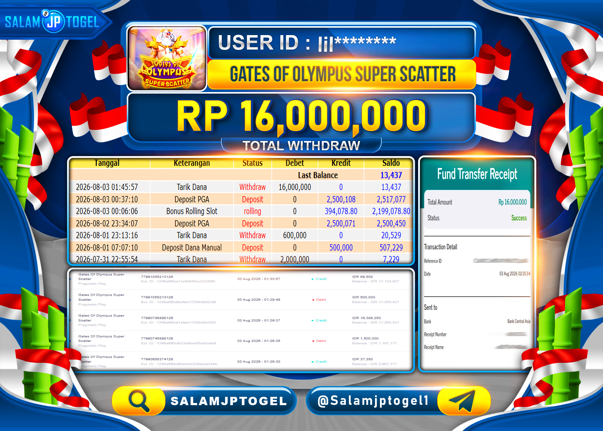 SALAMJPTOGEL JACKPOT MENANG Gates OfOlympus SuperScatter  Rp.16,000,000 - LUNAS
