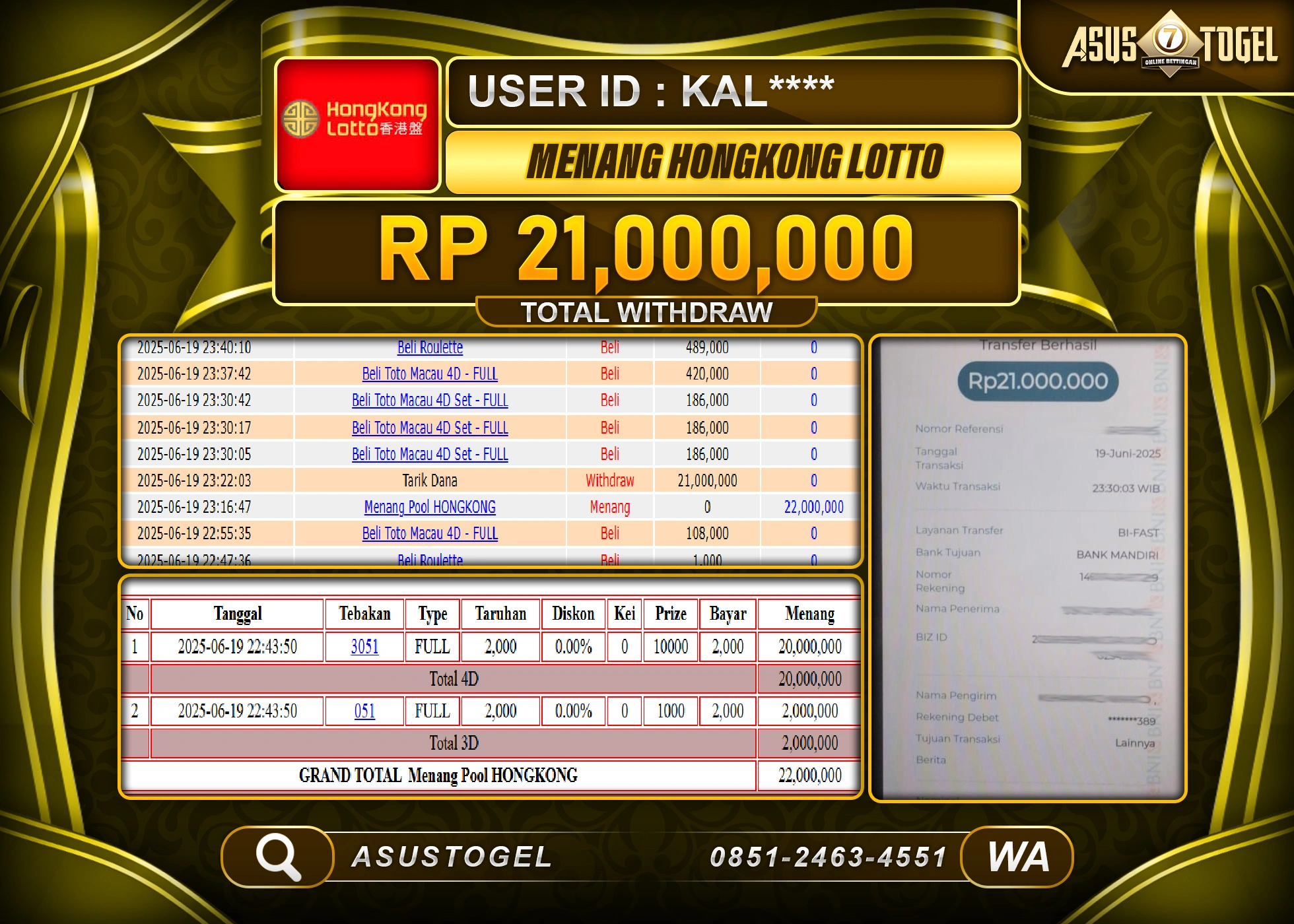 ASUSTOGEL KEMENANGAN DI TOGEL HONGKONG LOTTO SEBESAR 21,000,000- RUPIAH LUNAS
