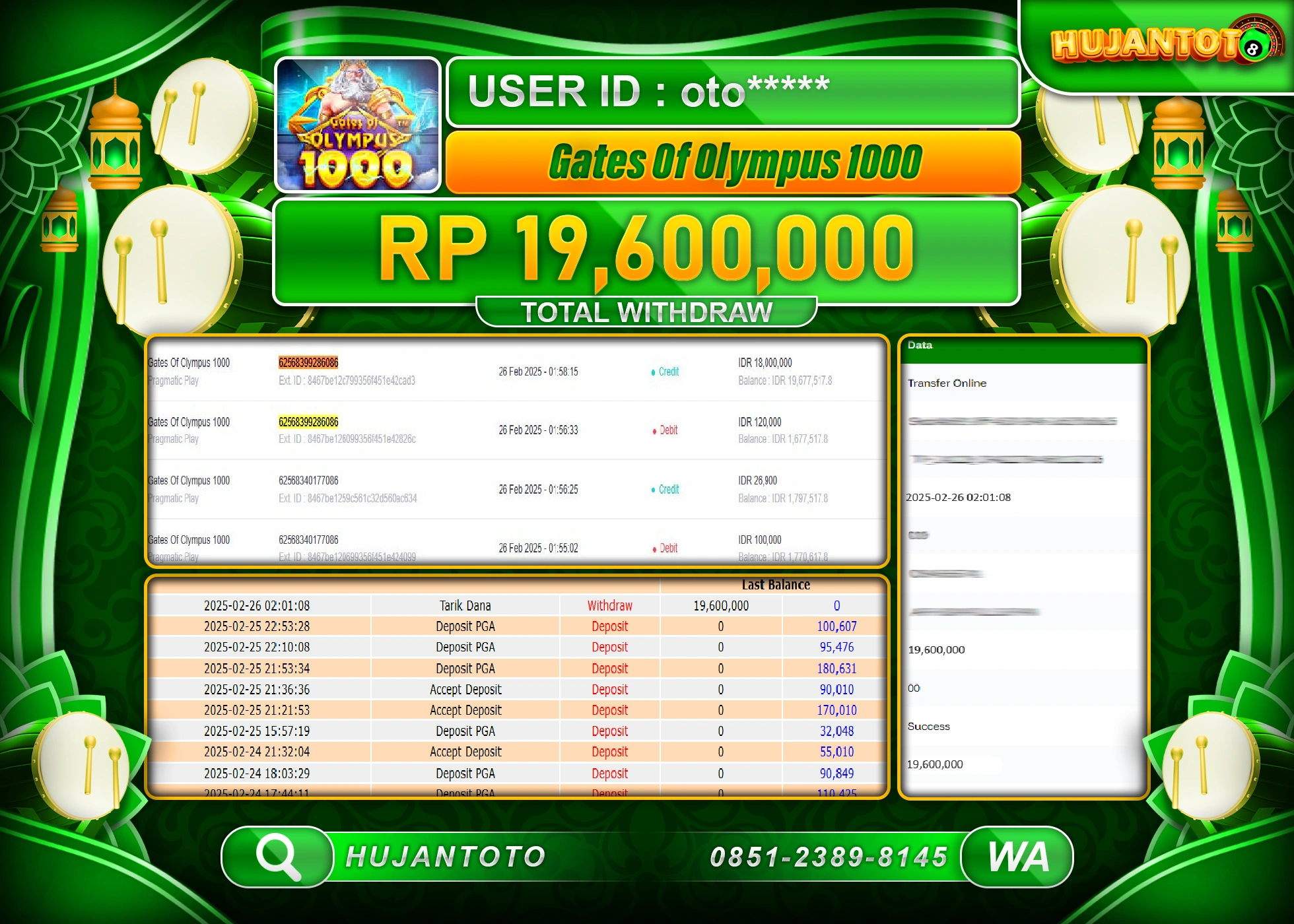 HUJANTOTO - BUKTI JACKPOT MENANG SLOT GATES OF OLYMPUS 1000 Rp,19,600,000 - TERBAYAR LUNAS