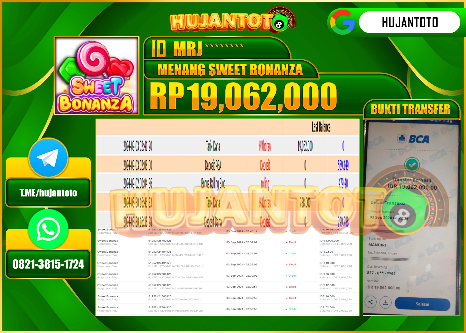 HUJANTOTO MENANG BESAR DI PERMAINAN SLOT SWEET BONANZA 19,062.000 - LUNAS 