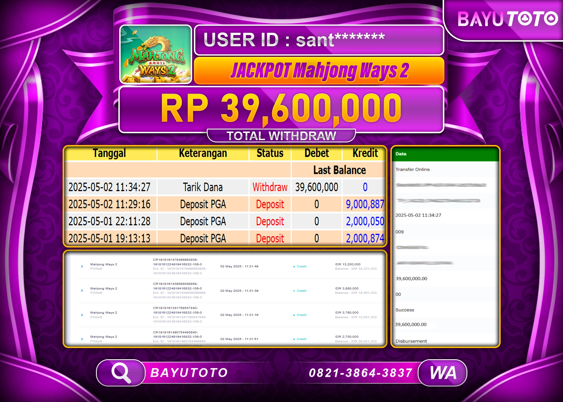 BAYUTOTO JACKPOT  Mahjong ways 2 PG Soft  Rp.39,600,000 LUNAS