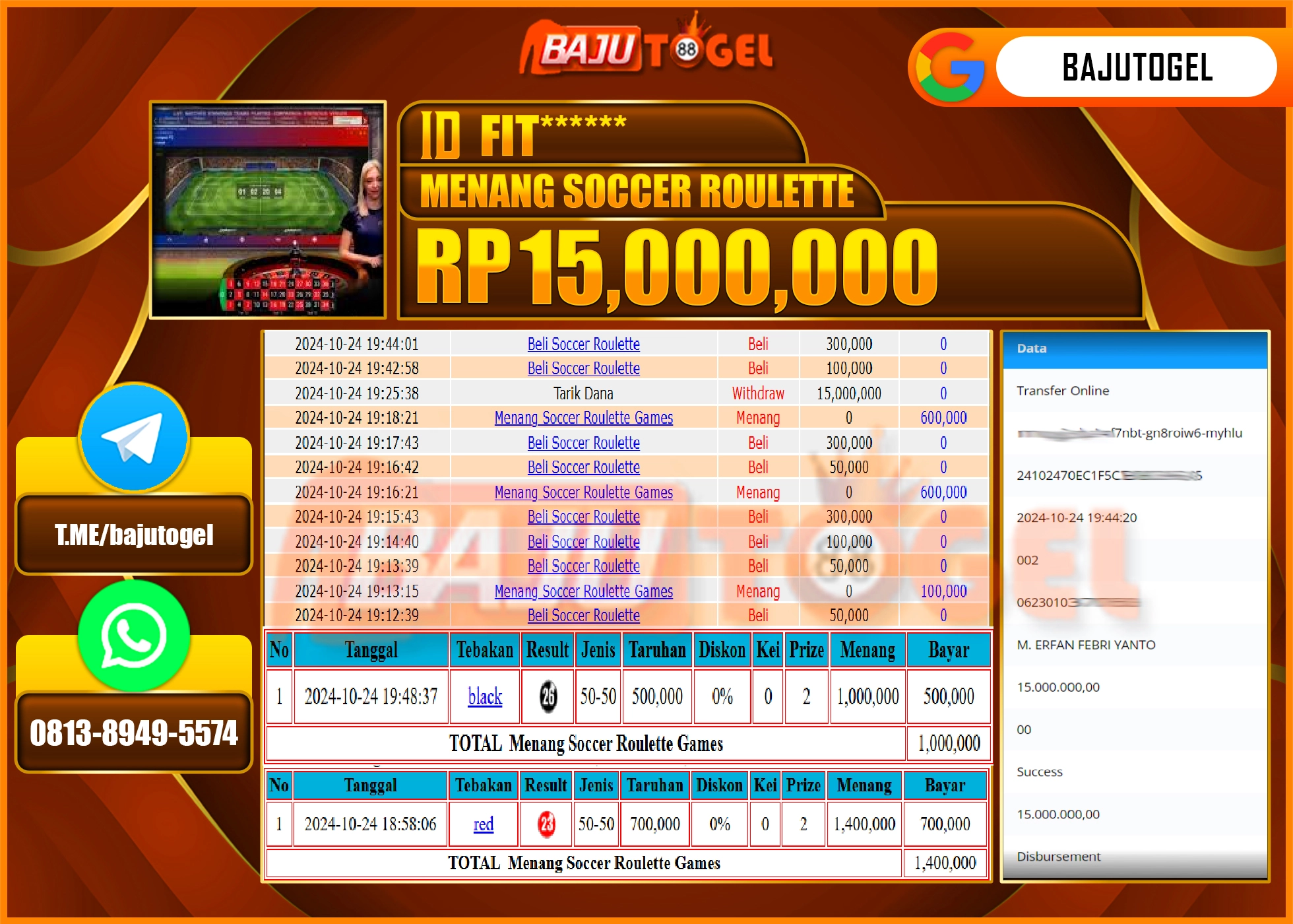 BAJUTOGEL JACKPOT SOCCER ROULETTE Rp 15,000,000 LUNAS