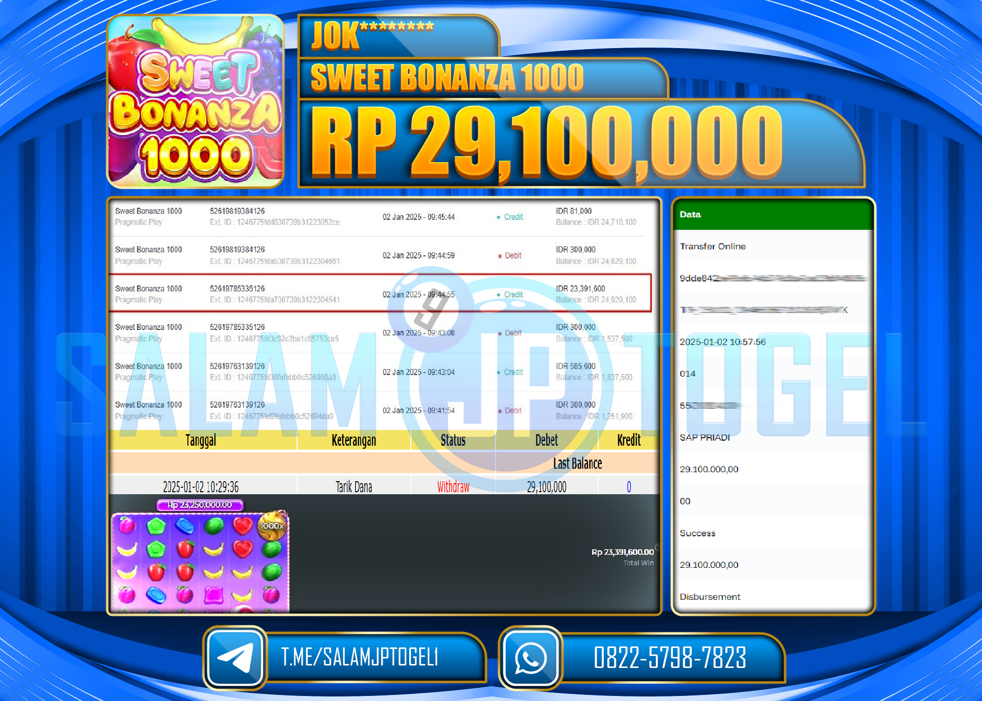 SALAMJPTOGEL MENANG SLOT SWEET BONANZA 1000 Rp.29,100,000 LUNAS