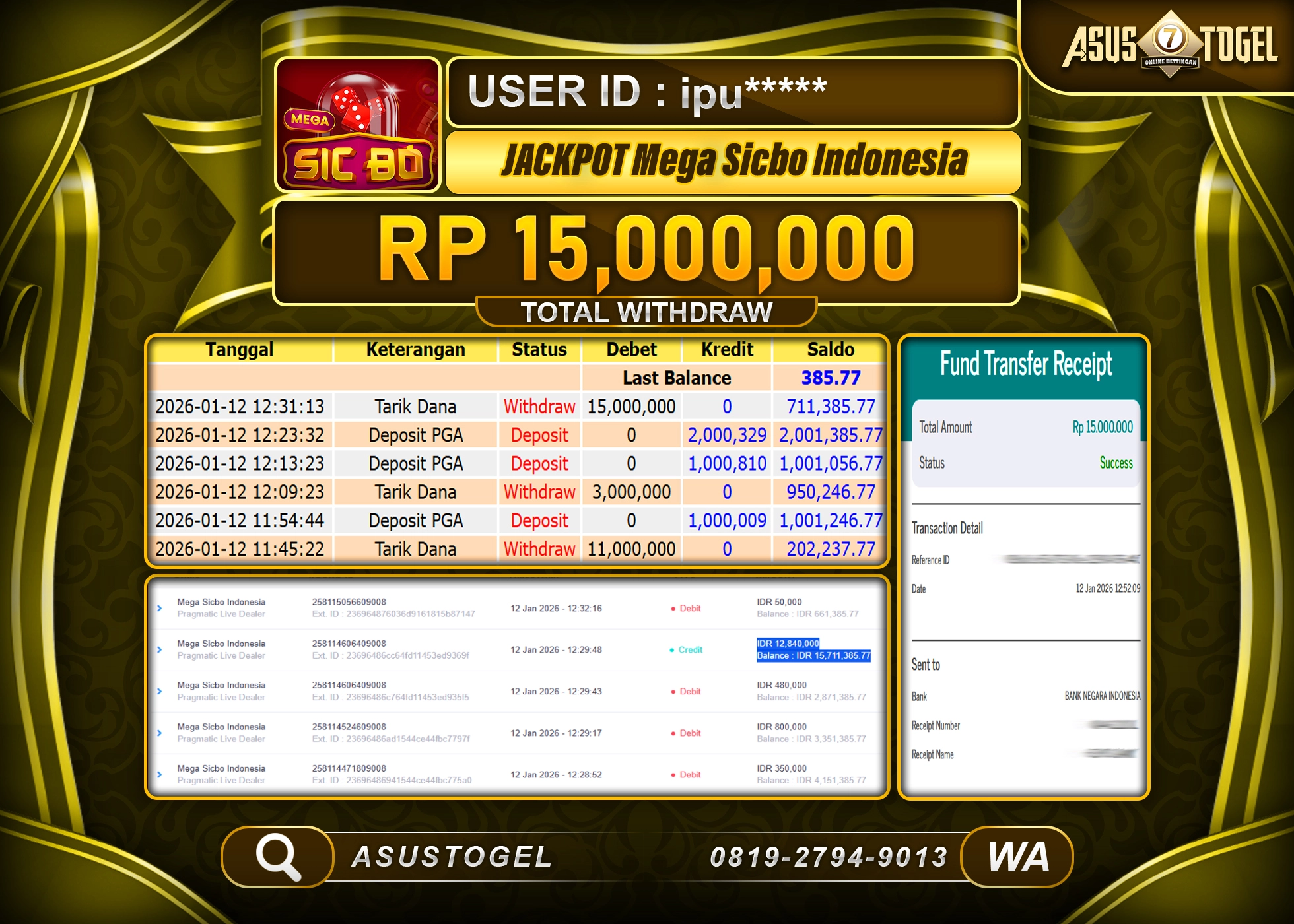 ASUSTOGEL KEMENANGAN DI LIVE GAMES MEGA SICBO INDONESIA SEBESAR 15,000,000 - RUPIAH LUNAS