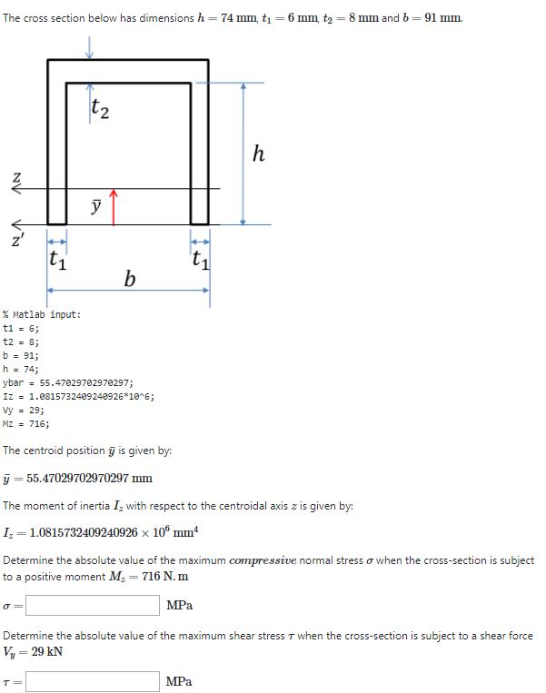 Solved The cross section below has dimensions h = 74 mm, t1 | Chegg.com