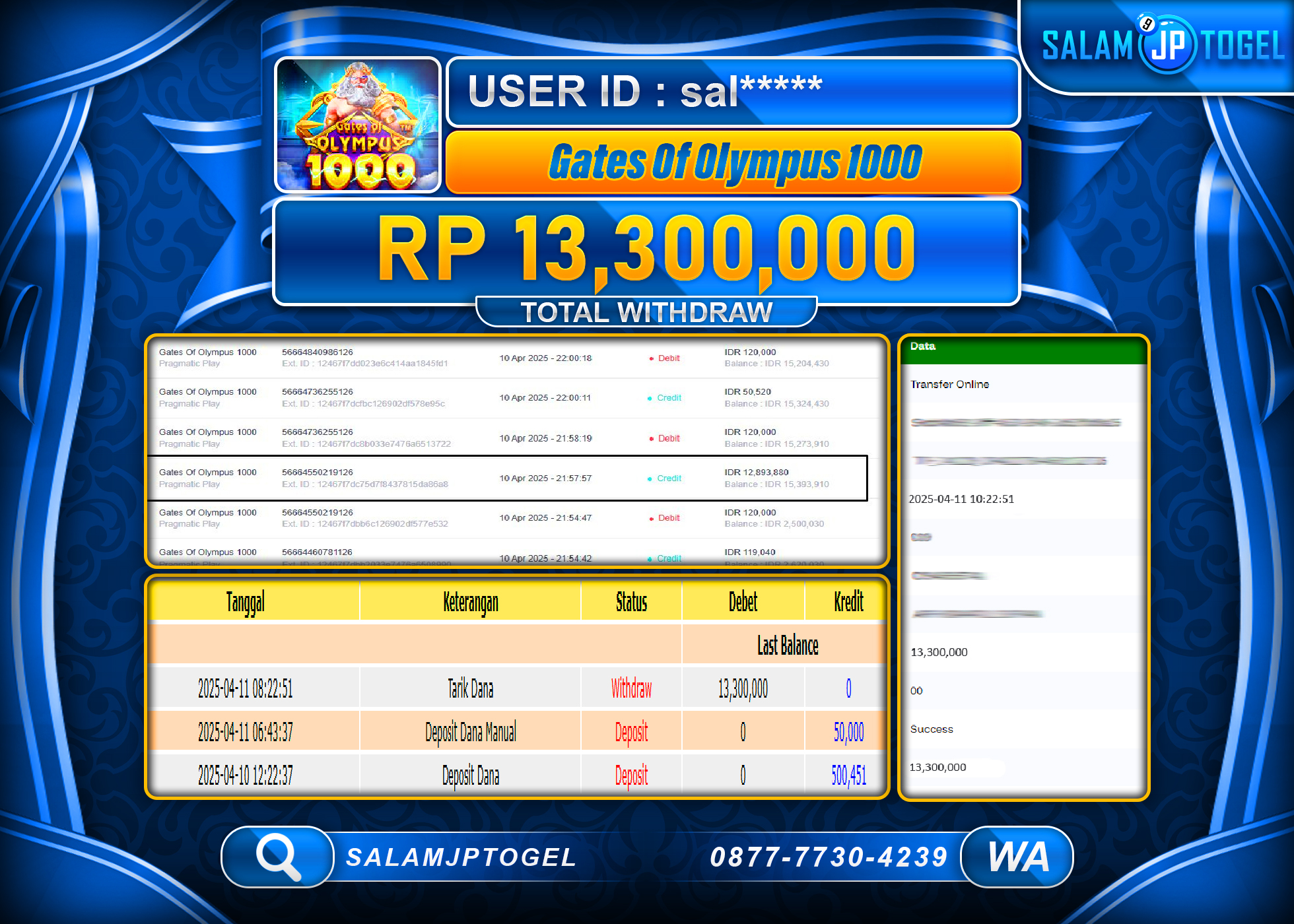 SALAMJPTOGEL MENANG GATES OF OLYMPUS 1000 Rp. 13,300,000 LUNAS