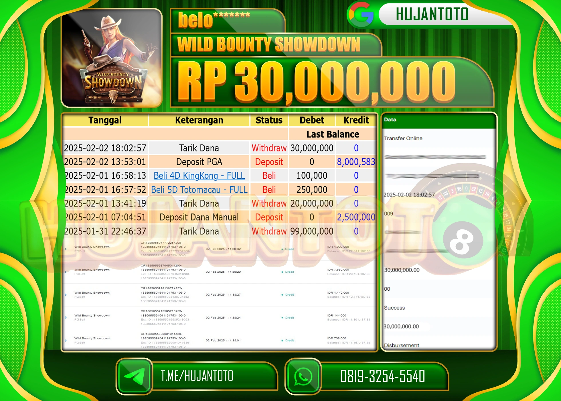 HUJANTOTO - BUKTI JACKPOT MENANG SLOT WILD BOUNTY SHOWDOWN Rp,30,000,000 - TERBAYAR LUNAS