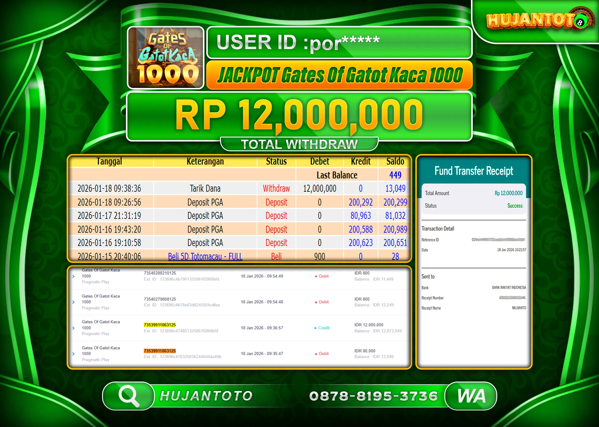 HUJANTOTO - BUKTI JACKPOT MENANG SLOT GATES OF GATOT KACA 1000 Rp.12,000,000 - TERBAYAR LUNAS