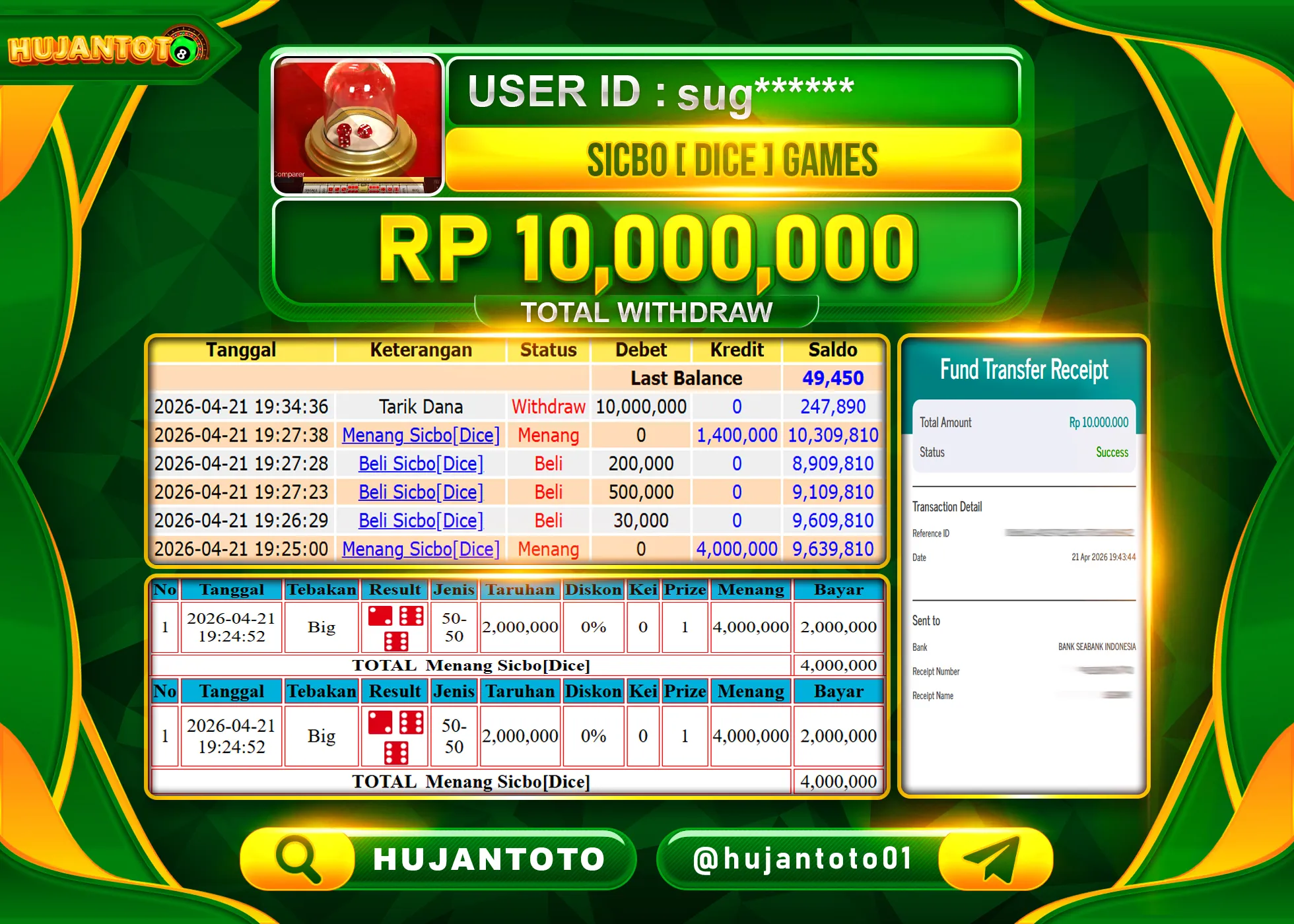 HUJANTOTO - BUKTI JACKPOT MENANG LIVEGAME SICBO DICE Rp.10,000,000 - TERBAYAR LUNAS