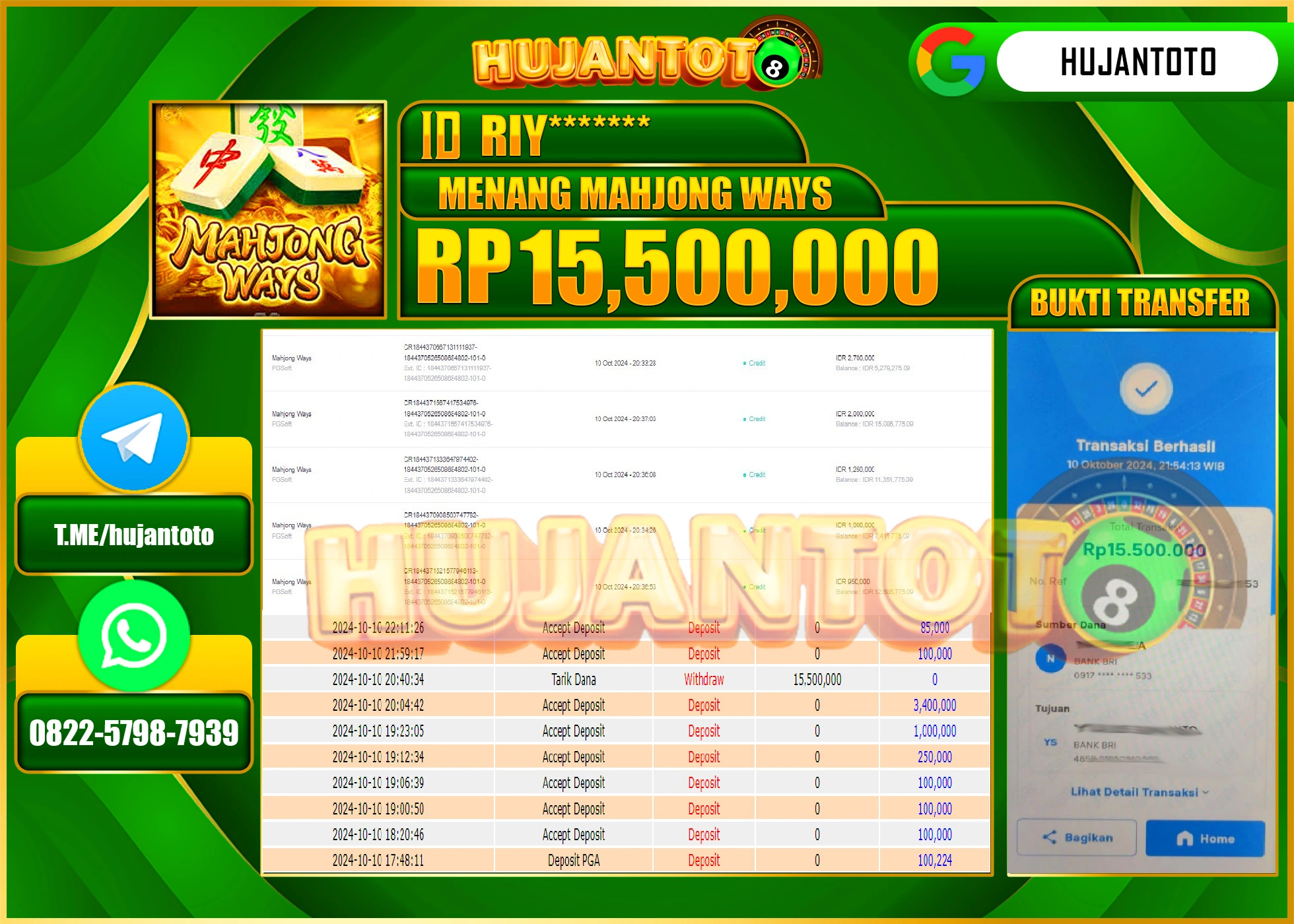 HUJANTOTO MENANG DI SLOT MAHJONG WAYS  15.500,000- LUNAS 