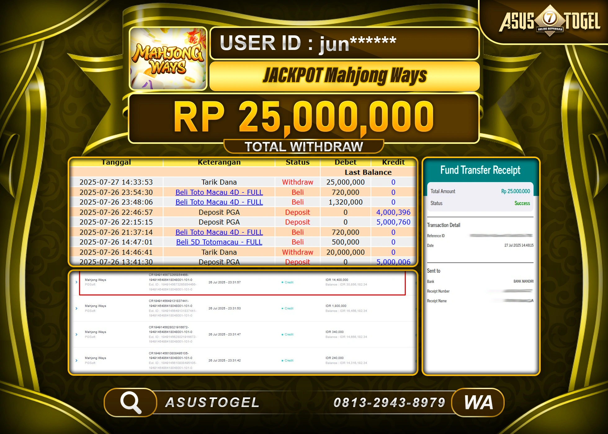 ASUSTOGEL KEMENANGAN DI SLOT MAHJONG WAYS SEBESAR 25,000,000- RUPIAH LUNAS
