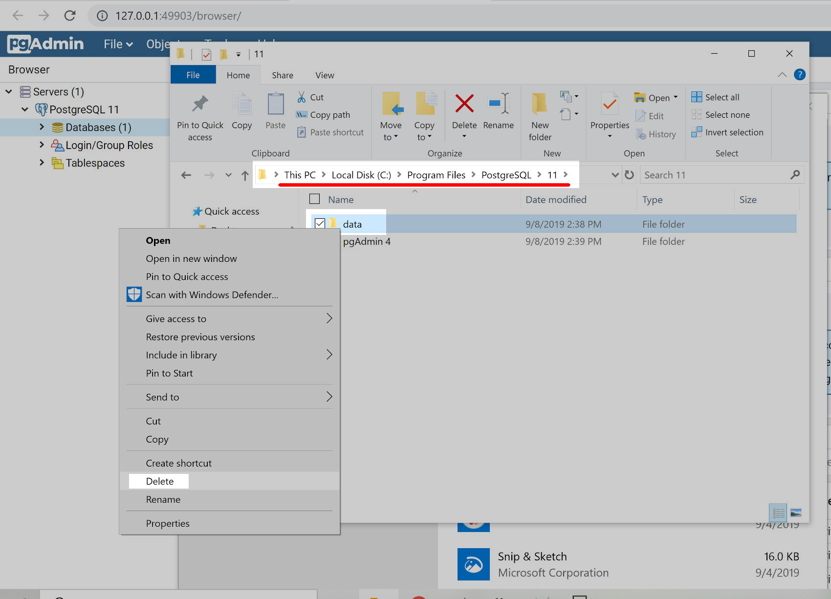 Screenshot of File Explorer in Windows 10 deleting the PostgreSQL 11 data folder