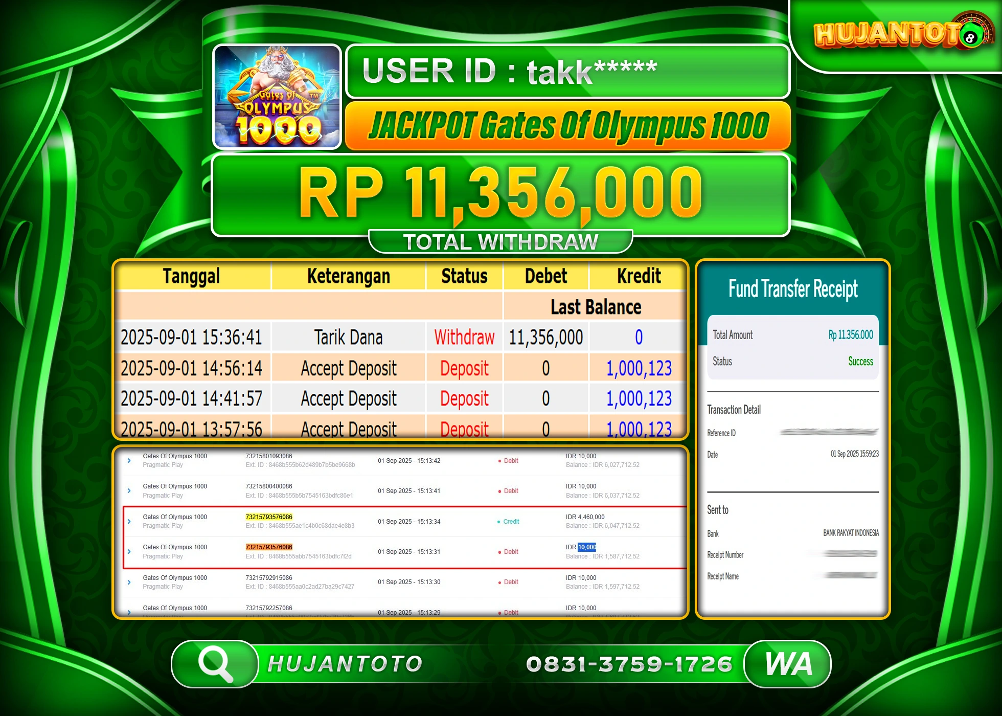 HUJANTOTO - BUKTI JACKPOT MENANG SLOT GATES OF OLYMPUS 1000 Rp.11,356,000 - TERBAYAR LUNAS