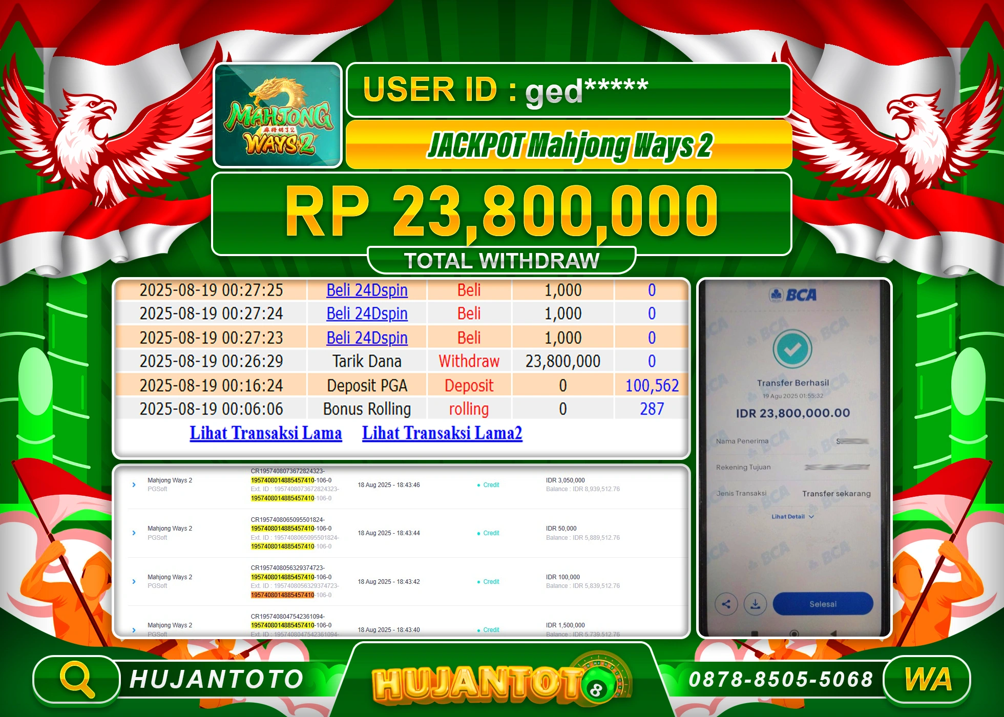 HUJANTOTO - BUKTI JACKPOT MENANG SLOT MAHJONG WAYS 2 Rp.23,800,000 - TERBAYAR LUNAS