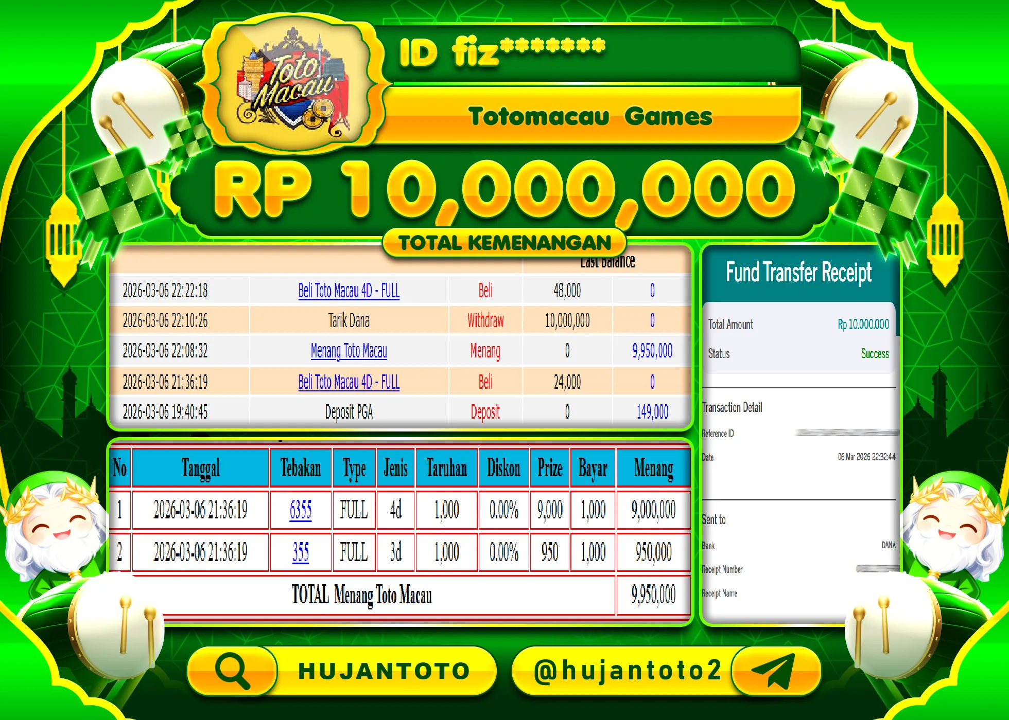 HUJANTOTO - BUKTI JACKPOT MENANG TOGEL TOTO MACAU 4D Rp.10,000,000 - TERBAYAR LUNAS