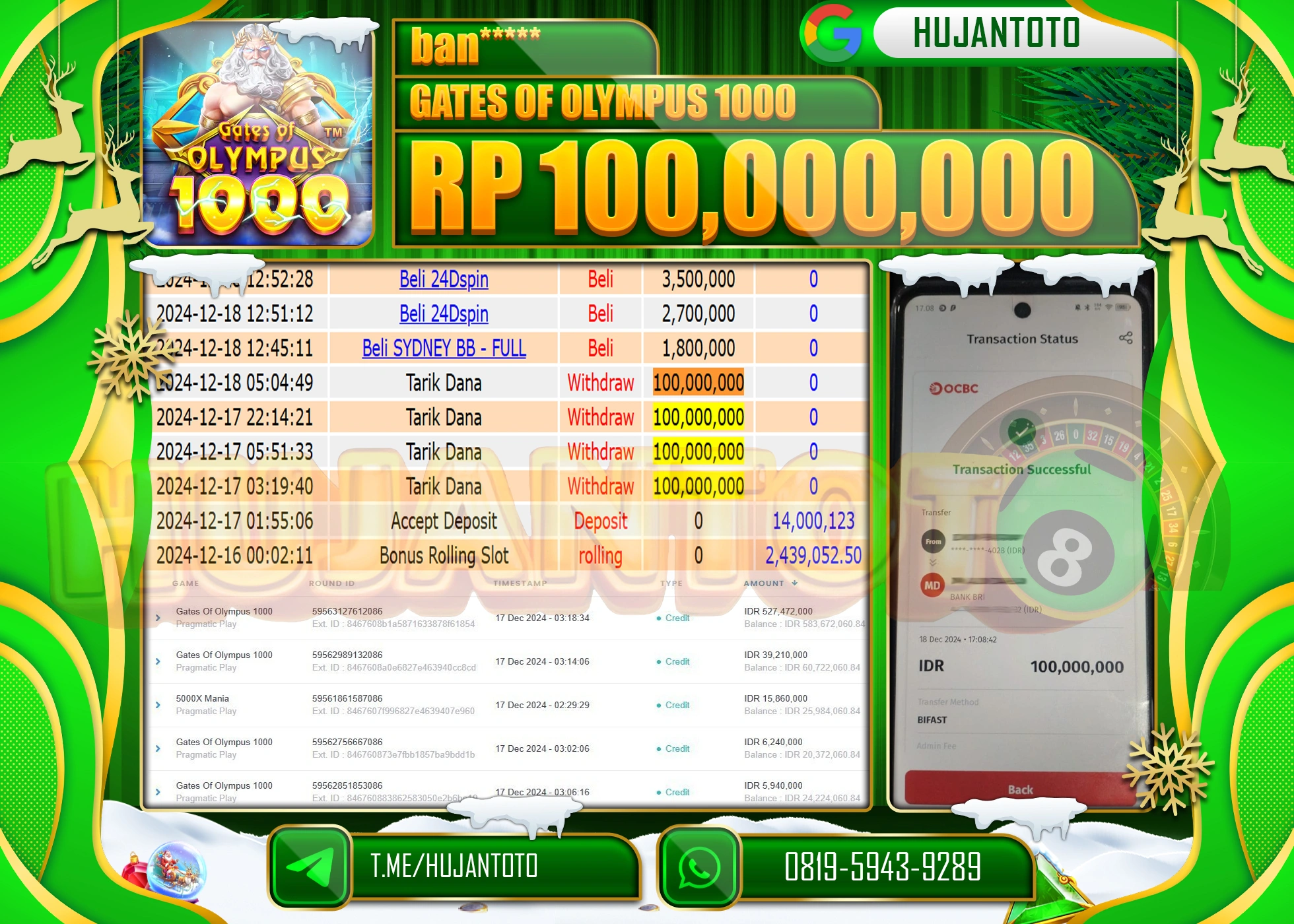 HUJANTOTO ATAS KEMENANGAN YANG DI RAIH DI PERMAINAN GATES OF OLYMPUS 1000 SEBESAR - 100,000,000 - TERBAYAR LUNAS