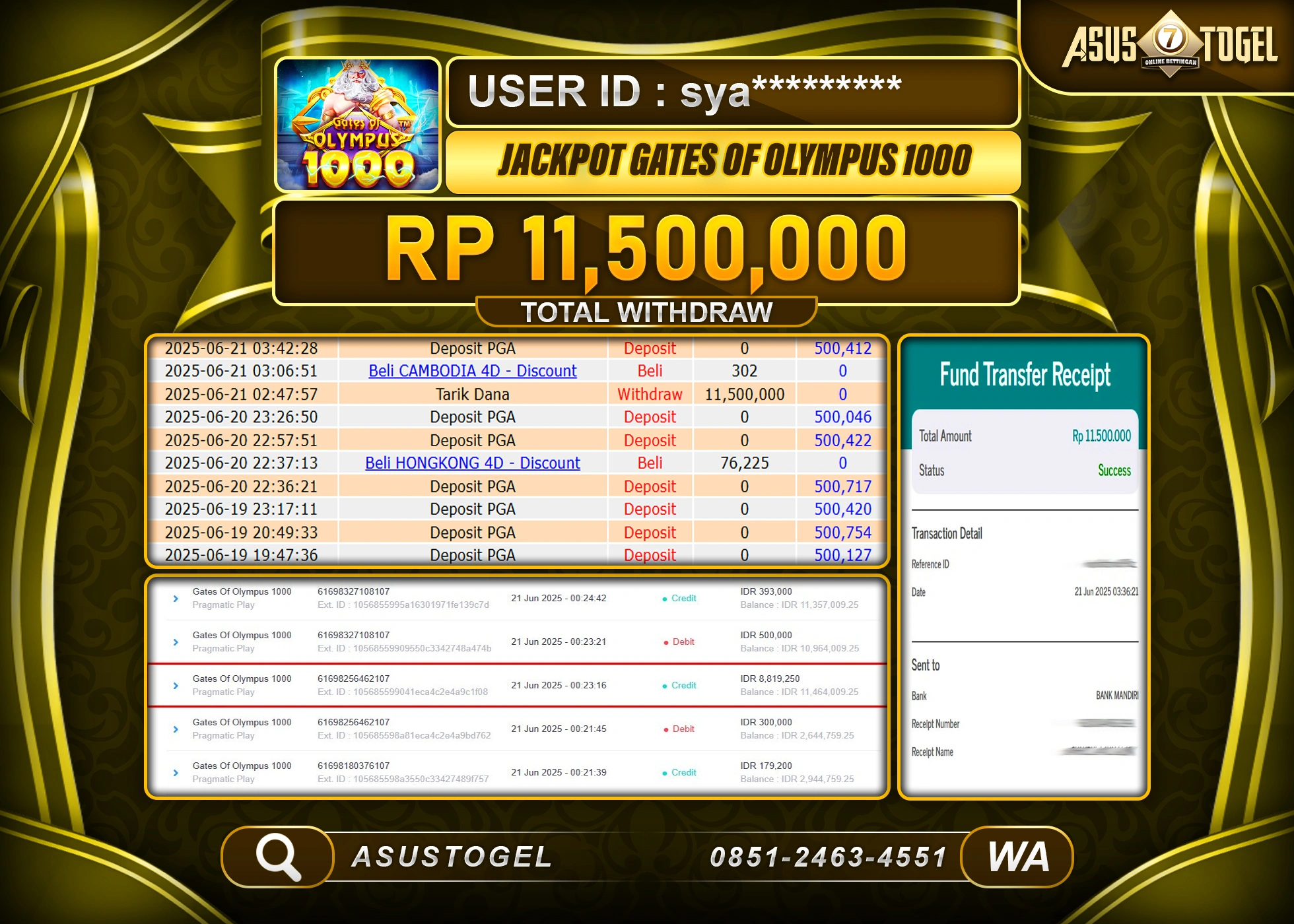 ASUSTOGEL KEMENANGAN DI SLOT GATES OF OLYMPUS 1000 SEBESAR 11,500,000- RUPIAH LUNAS