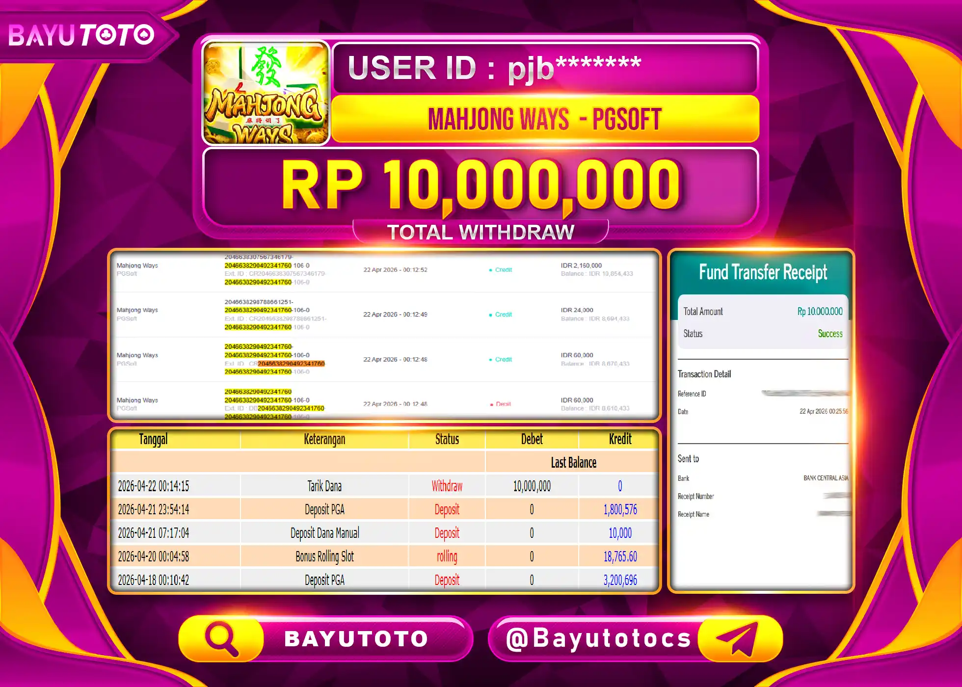 BAYUTOTO JACKPOT DI PG SOFT SLOT MAHJONG WAYS PGSOFT  Rp.10,000,000 LUNAS