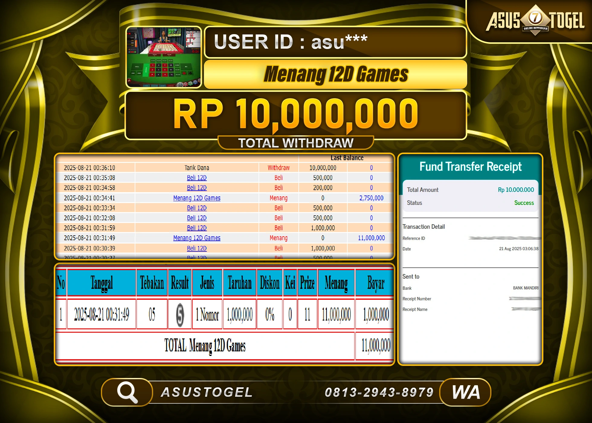 ASUSTOGEL KEMENANGAN DI LIVE GAMES 24D SPIN SEBESAR 10,000,000- RUPIAH LUNAS