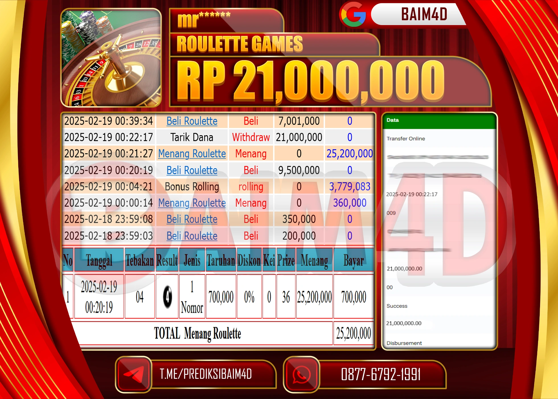 BAIM4D MENANG  ROULLETE LIVEGAME Rp.21.000,000.