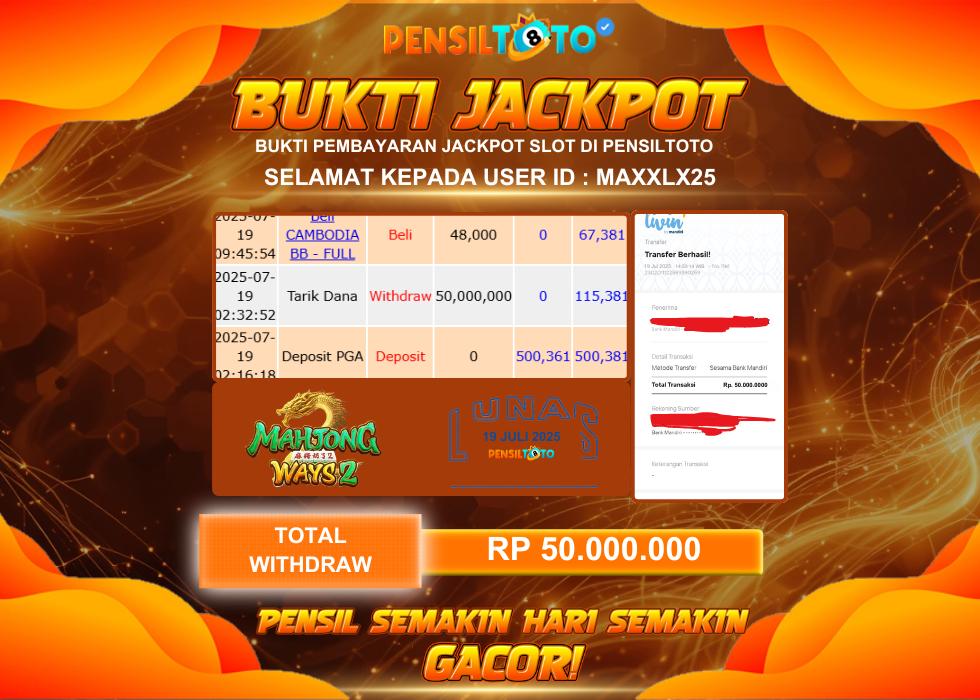 PENSILTOTO JACKPOT SLOT MAHJONG WAYS 2  Rp.50.000.000,- LUNAS