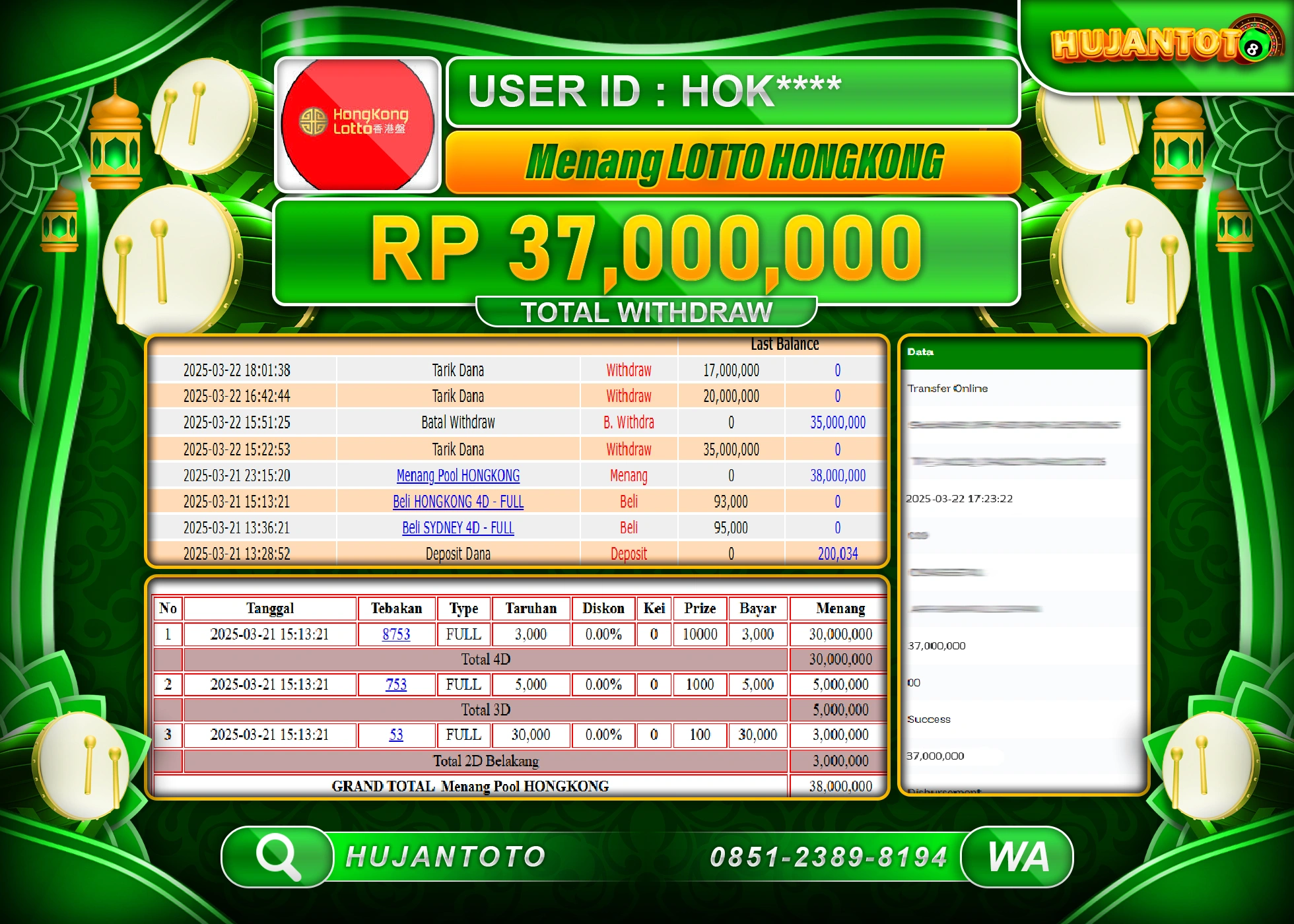 HUJANTOTO - BUKTI JACKPOT MENANG TOGEL HONGKONG LOTTO Rp,37,000,000 - TERBAYAR LUNAS