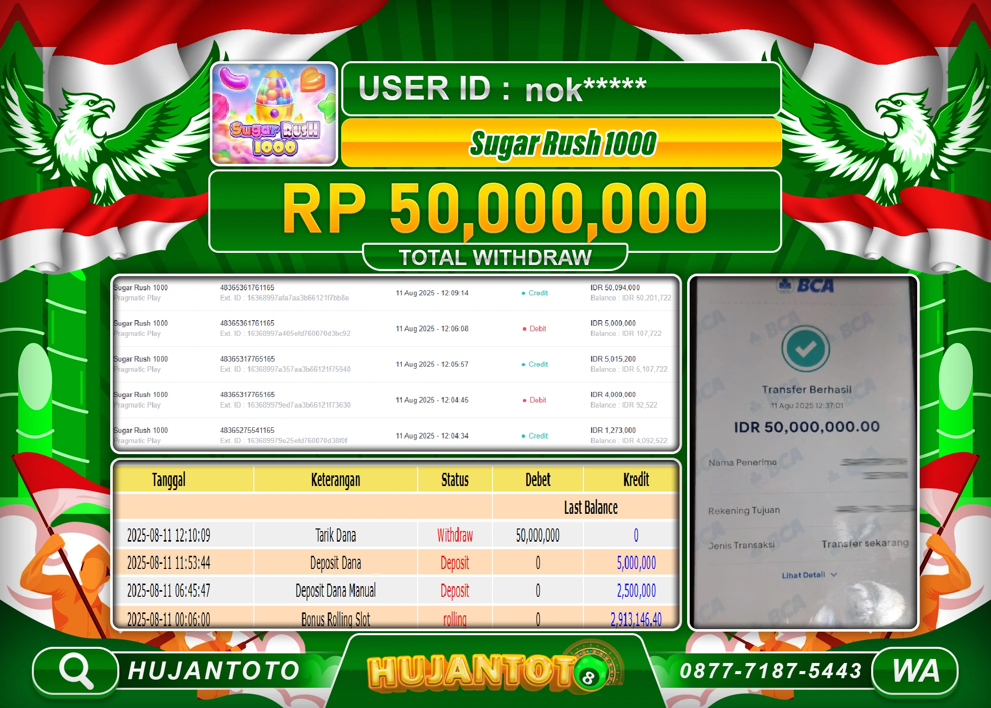HUJANTOTO - BUKTI JACKPOT MENANG SLOT SUGAR RUSH 1000 Rp.50,000,000 - TERBAYAR LUNAS