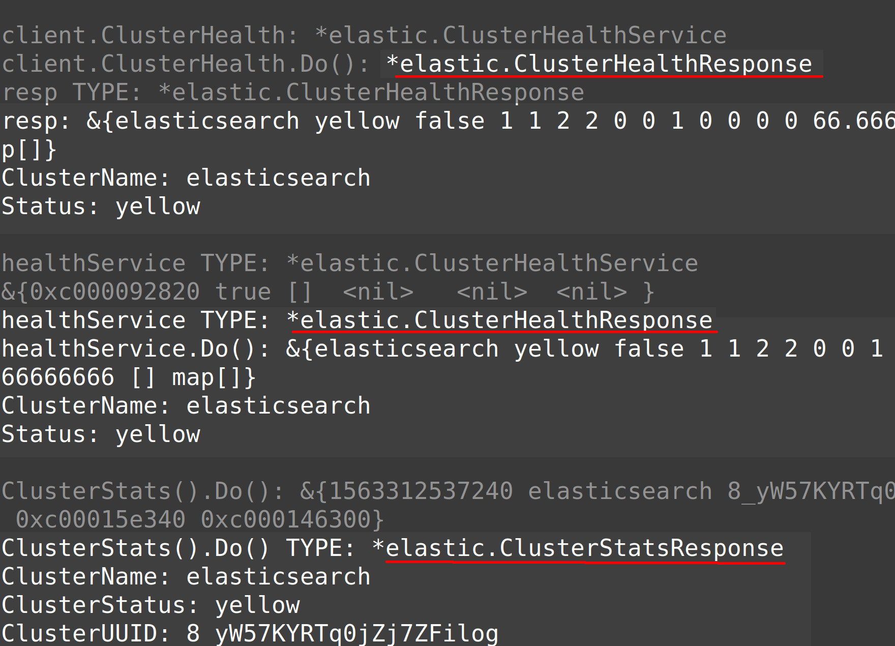 Terminal screenshot of the Elasticsearch cluster health and stats output in Golang