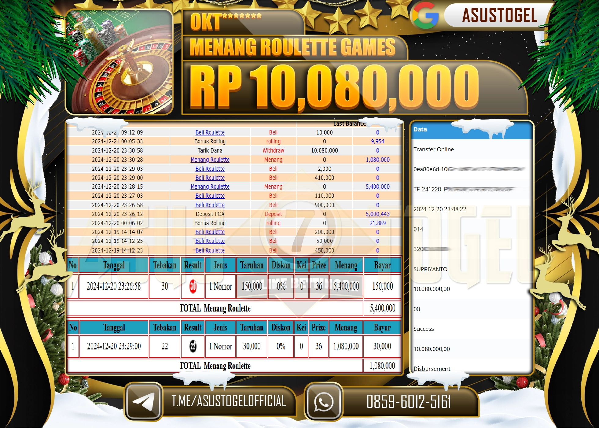 ASUSTOGEL KEMENANGAN DI LIVEGAME ROULETTE GAMES 10,080,000- RUPIAH LUNAS