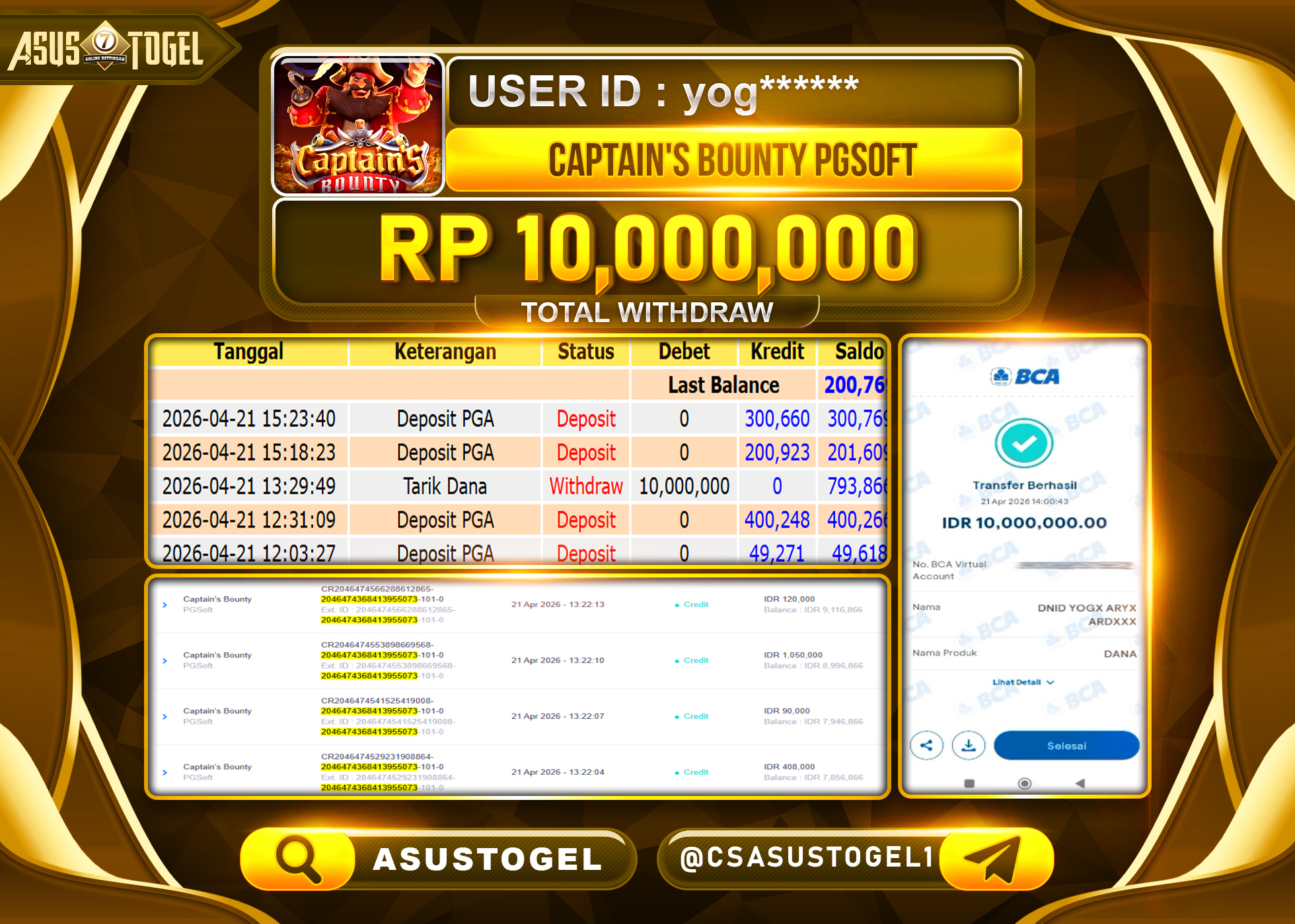ASUSTOGEL KEMENANGAN JACKPOT DI PERMAINAN CAPTAINS BOUNTY PG SOFT SEBESAR Rp.10,000,000 - RUPIAH LUNAS