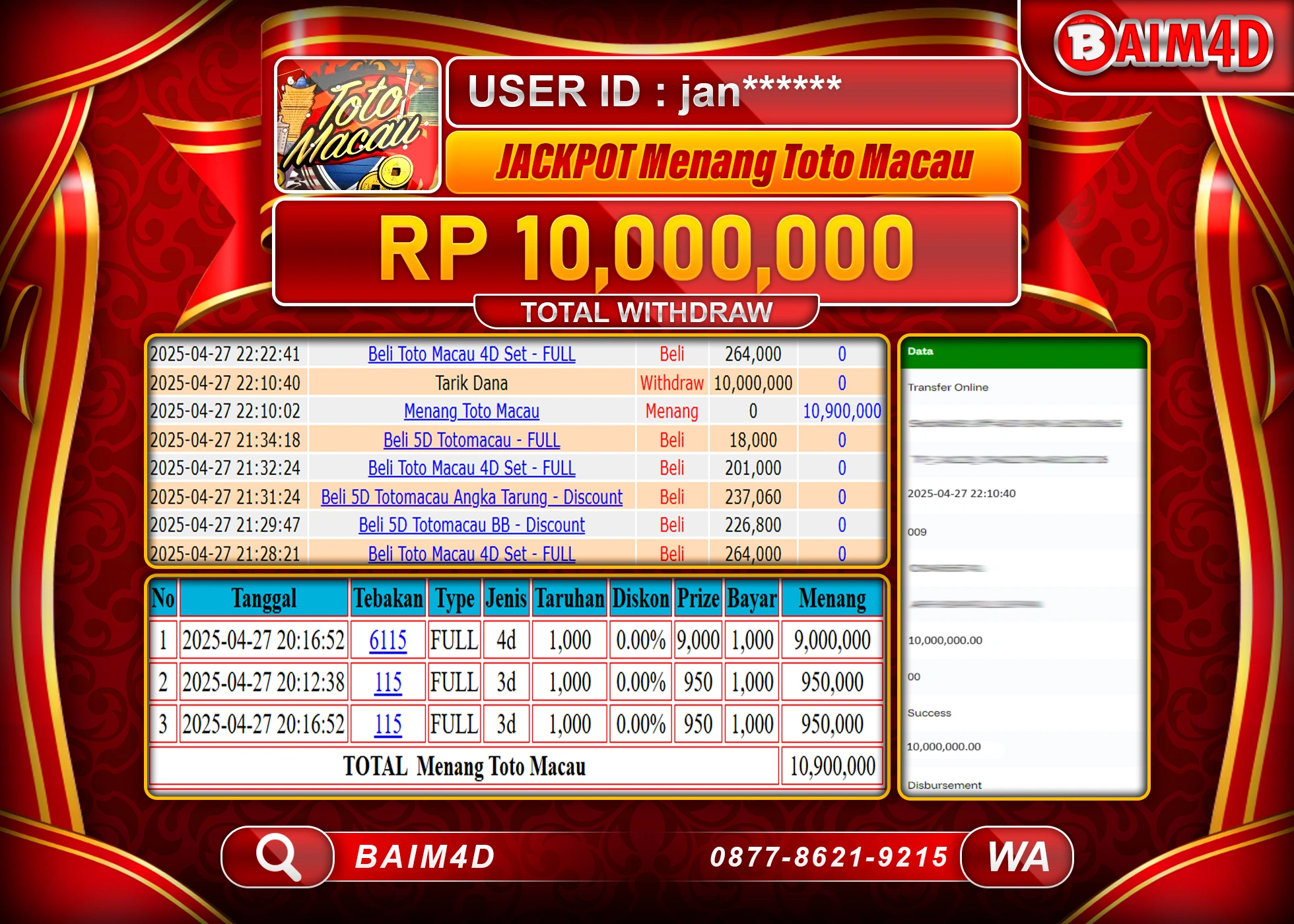 BAIM4D JACKPOT DI GAME TOTO MACAU 4D POOLS  Rp.10.000,000.- LUNAS