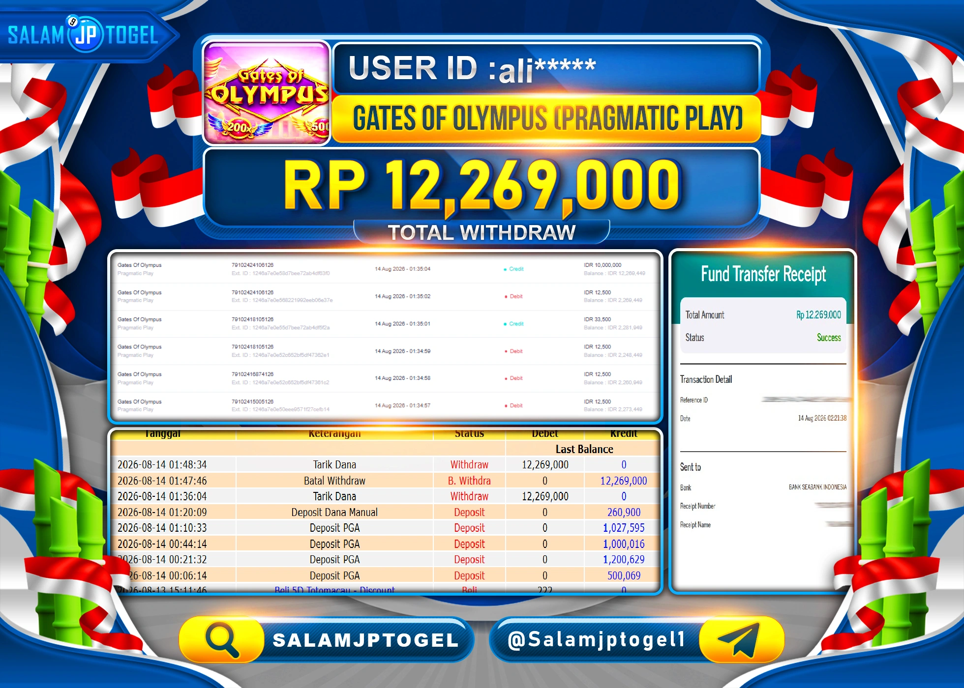 SALAMJPTOGEL JACKPOT MENANG SLOT GATES OF OLYMPUS Rp.12,269,000 - LUNAS