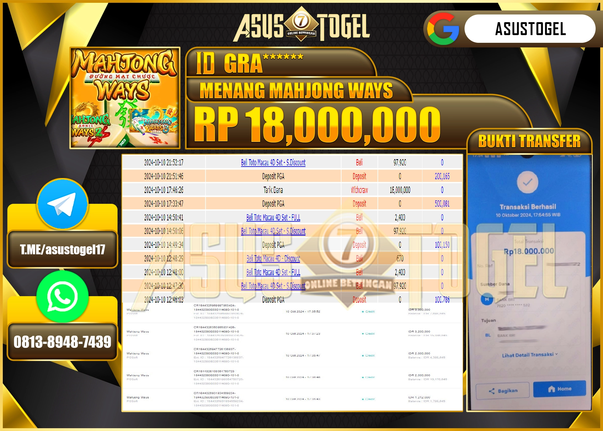 ASUSTOGEL KEMENANGAN  DI GAMES   MENANG    MAHJONG WAYS    SEBESAR 18,000,000- RUPIAH LUNAS