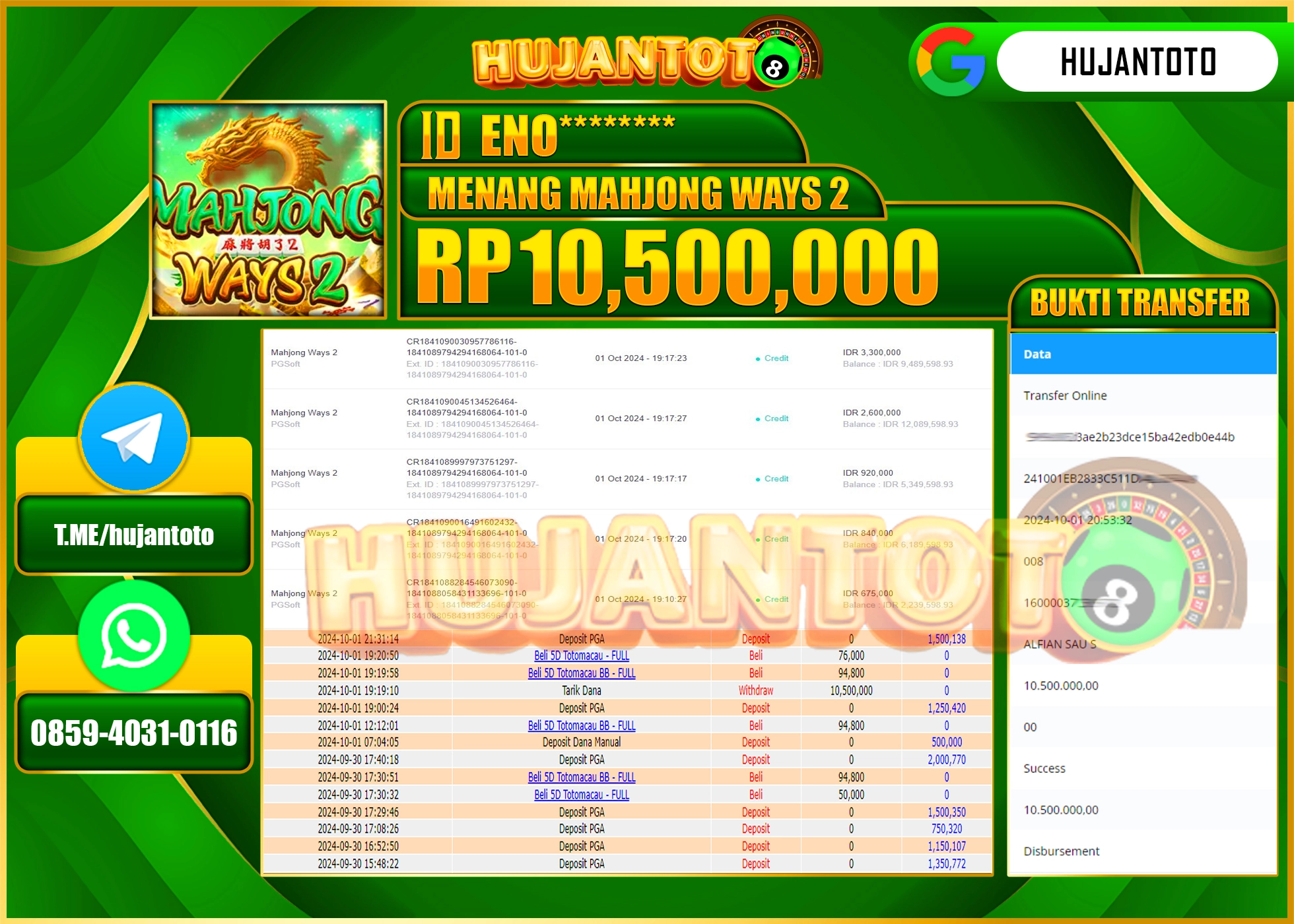 HUJANTOTO MENANG BESAR DI PERMAINAN MENANG MAHJONG WAYS 2 - 10.500,000 - LUNAS 
