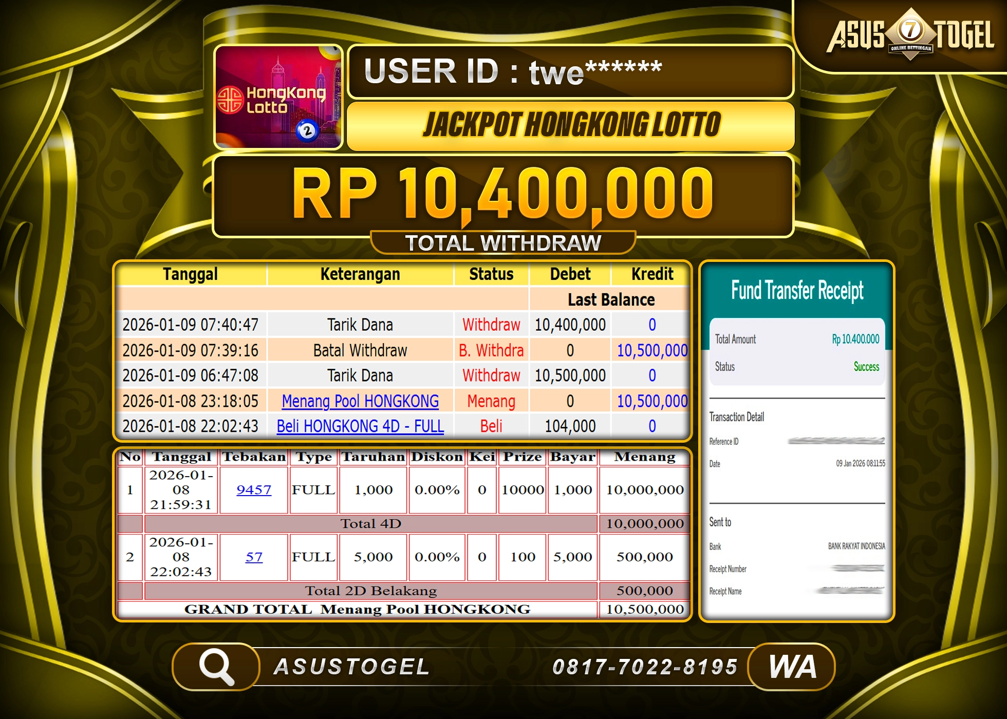 ASUSTOGEL KEMENANGAN DI TOGEL HONGKONG LOTTO SEBESAR 10,400,000 - RUPIAH LUNAS