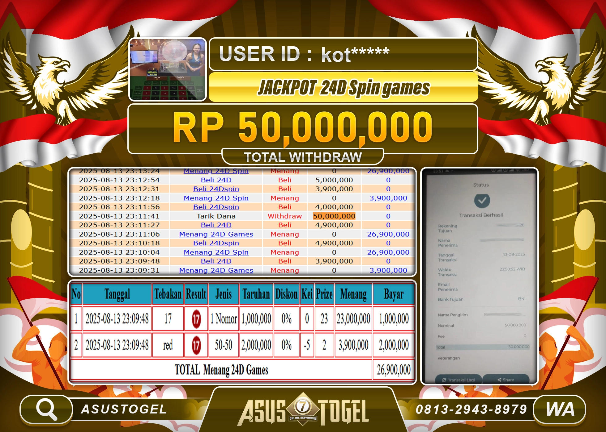 ASUSTOGEL KEMENANGAN DI LIVE GAMES 24D SPIN SEBESAR 50,000,000- RUPIAH LUNAS