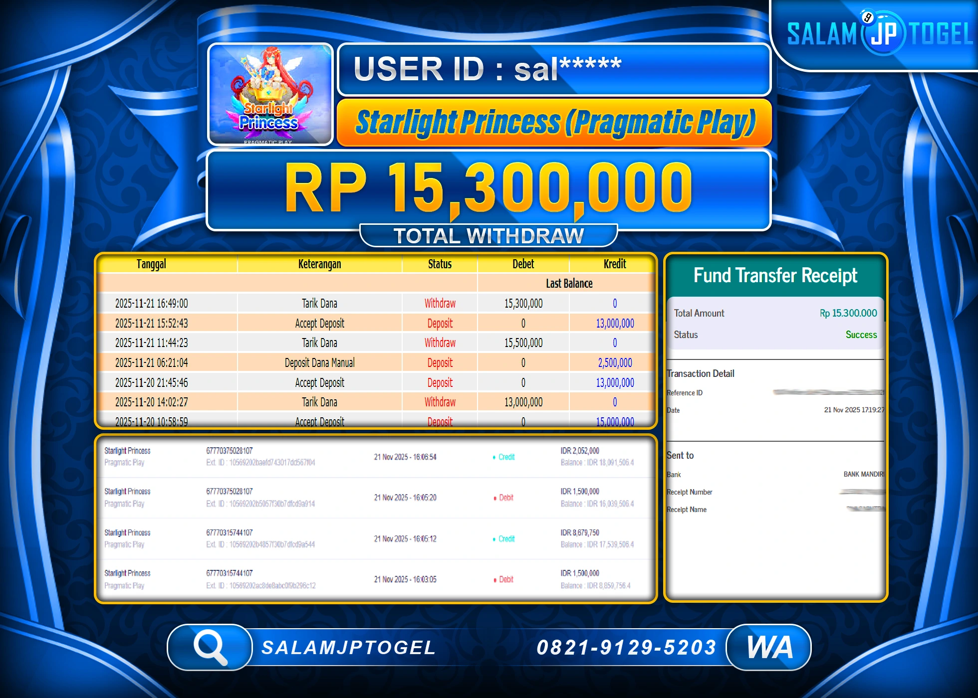 SALAMJPTOGEL MENANG SLOT STARLIGHT PRINCESS Rp.15,300,000  - LUNAS
