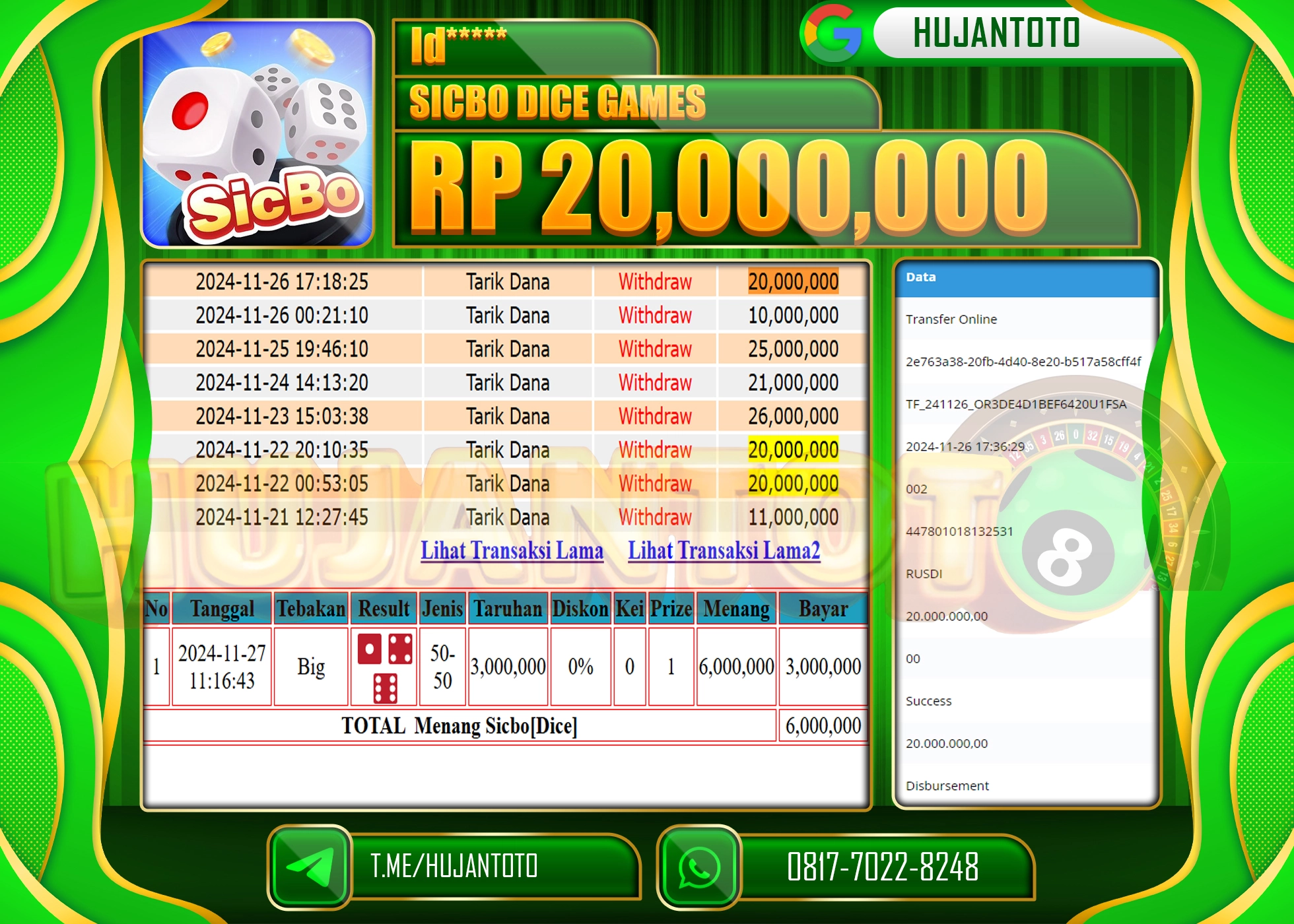 HUJANTOTO KEMENANGAN JACKPOT  BESAR DI LIVE GAME SICBO DICE GAMES SEBESAR  - 20,000,000 - LUNAS