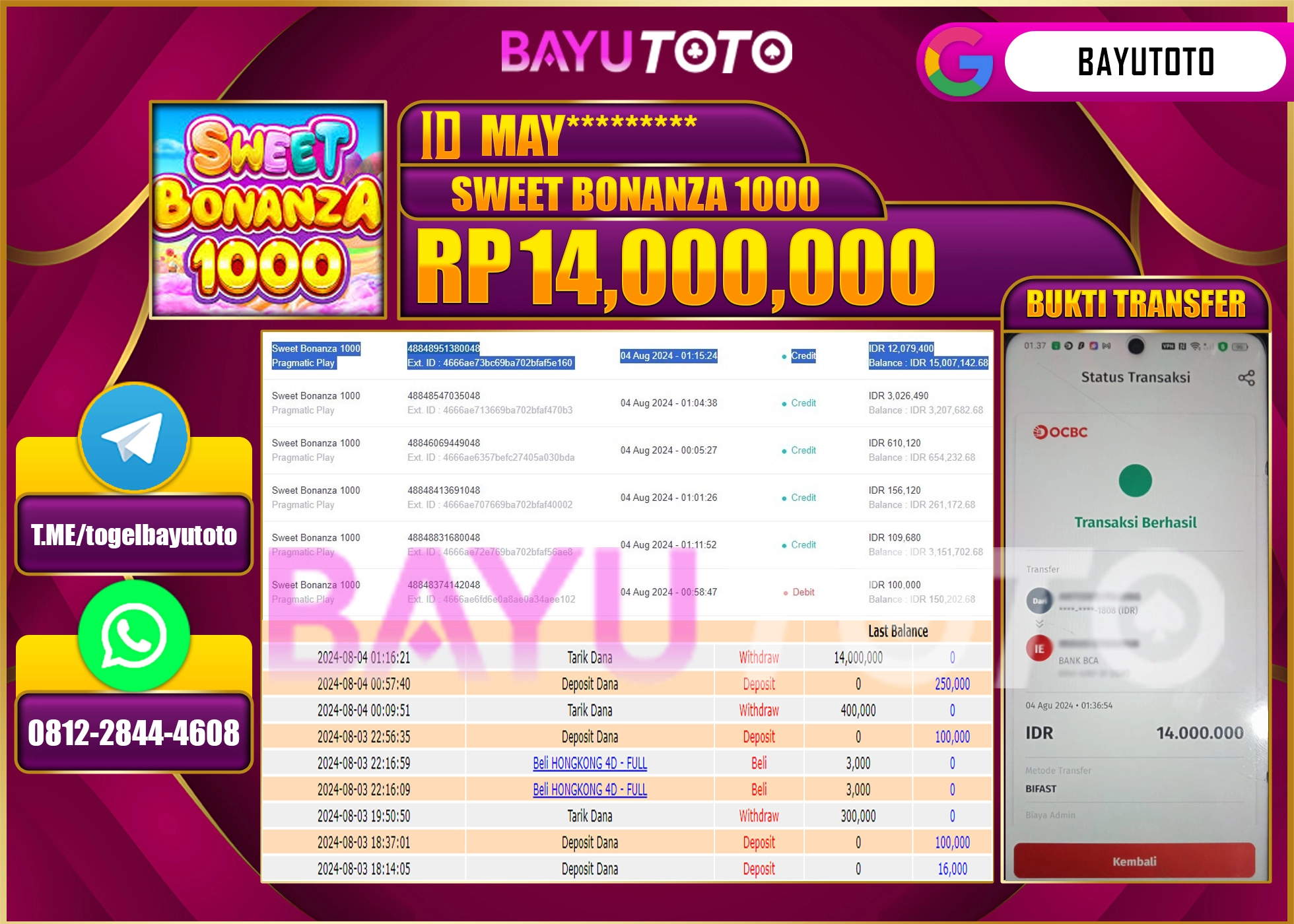 BAYUTOTO JACKPOT  DI GAME SWEET BONANZA  1000 Rp.14.000.000 LUNAS