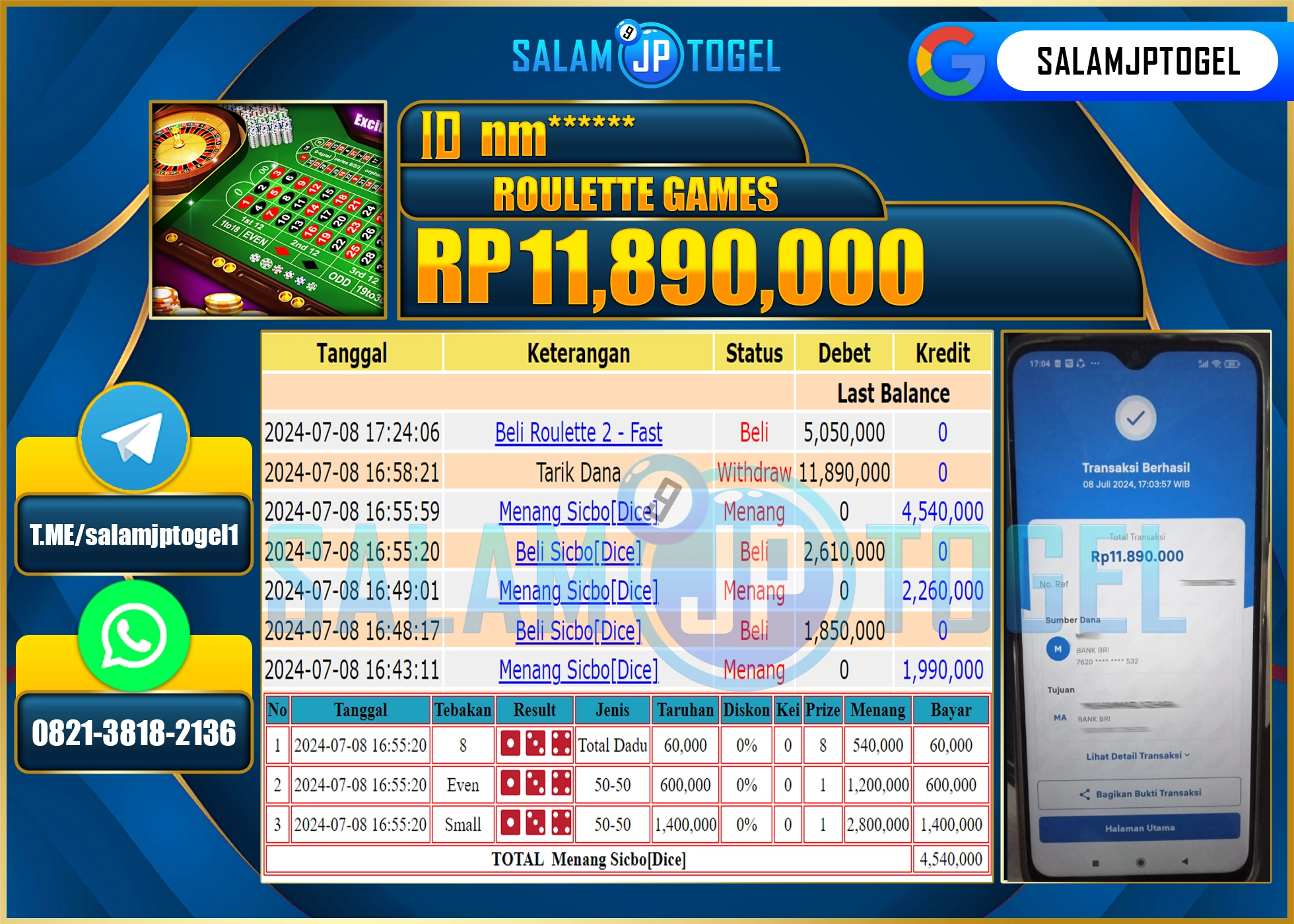 SALAMJPTOGEL MENANG ROULLETTE 2 RP. 11,890,000.,LUNAS
