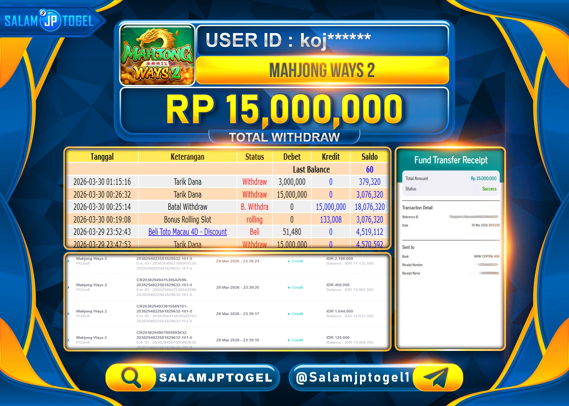 SALAMJPTOGEL MENANG JACKPOT SLOT MAHJONG WAYS 2 PG SOFT Rp.15,000,000 - LUNAS