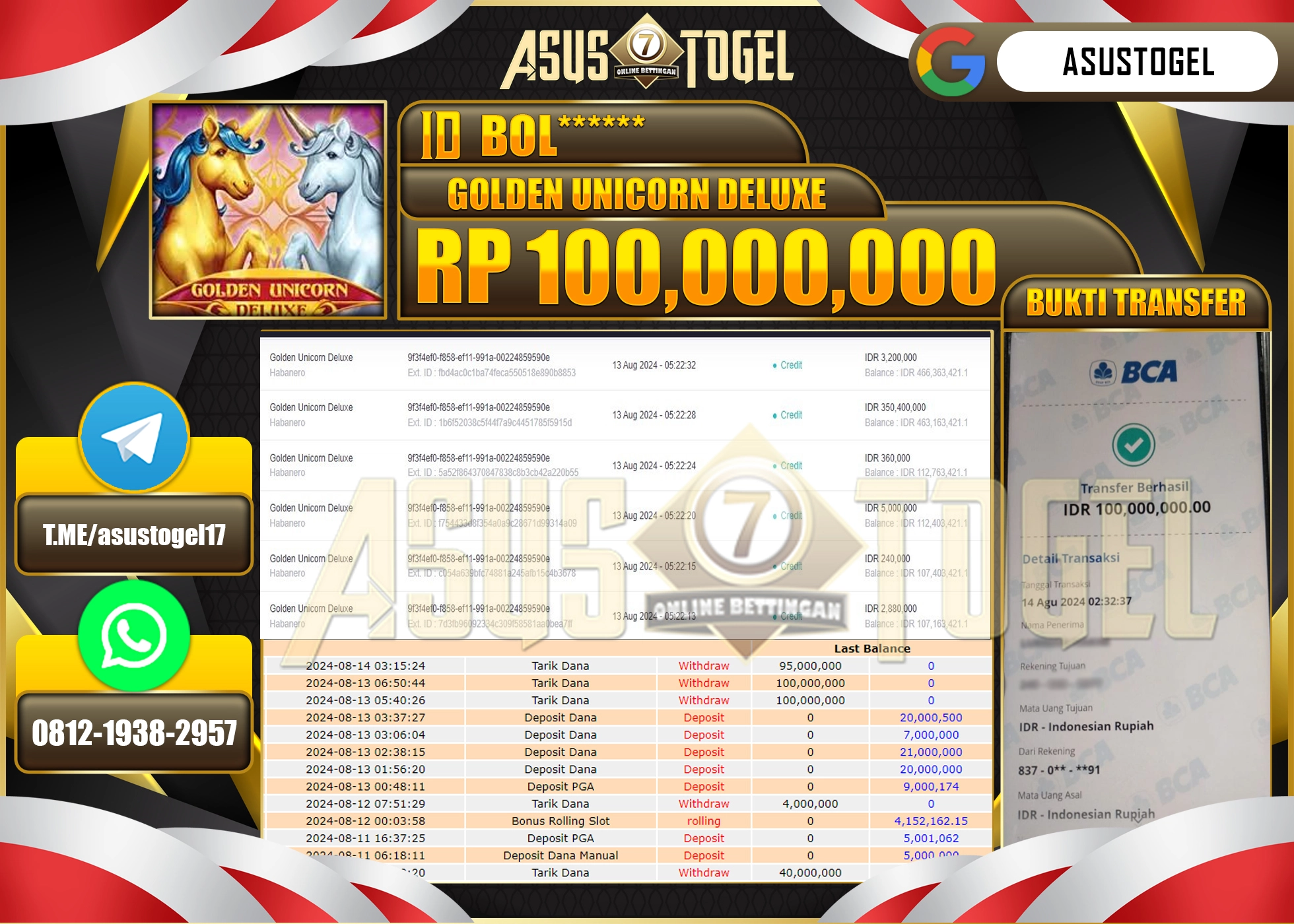 ASUSTOGEL KEMENANGAN DI GOLDEN UNICORN DELUXE  SEBESAR 100,000,000- RUPIAH LUNAS