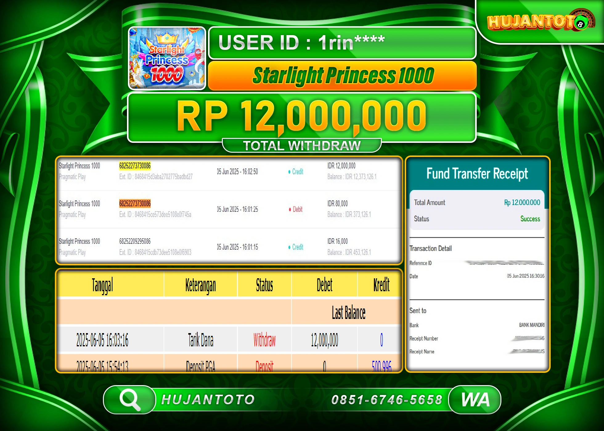 HUJANTOTO - BUKTI JACKPOT MENANG SLOT STARLIGHT PRINCESS 1000 Rp,12,000,000 - TERBAYAR LUNAS