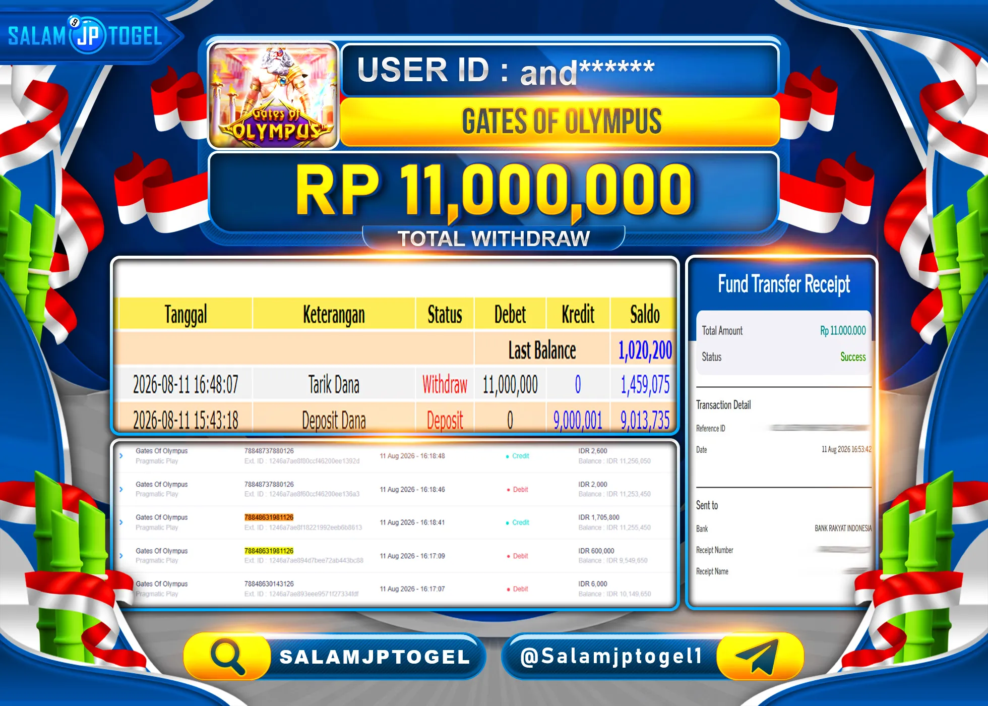 SALAMJPTOGEL JACKPOT MENANG SLOT GACOR GATES OF OLYMPUS  Rp.11,000,000 - LUNAS