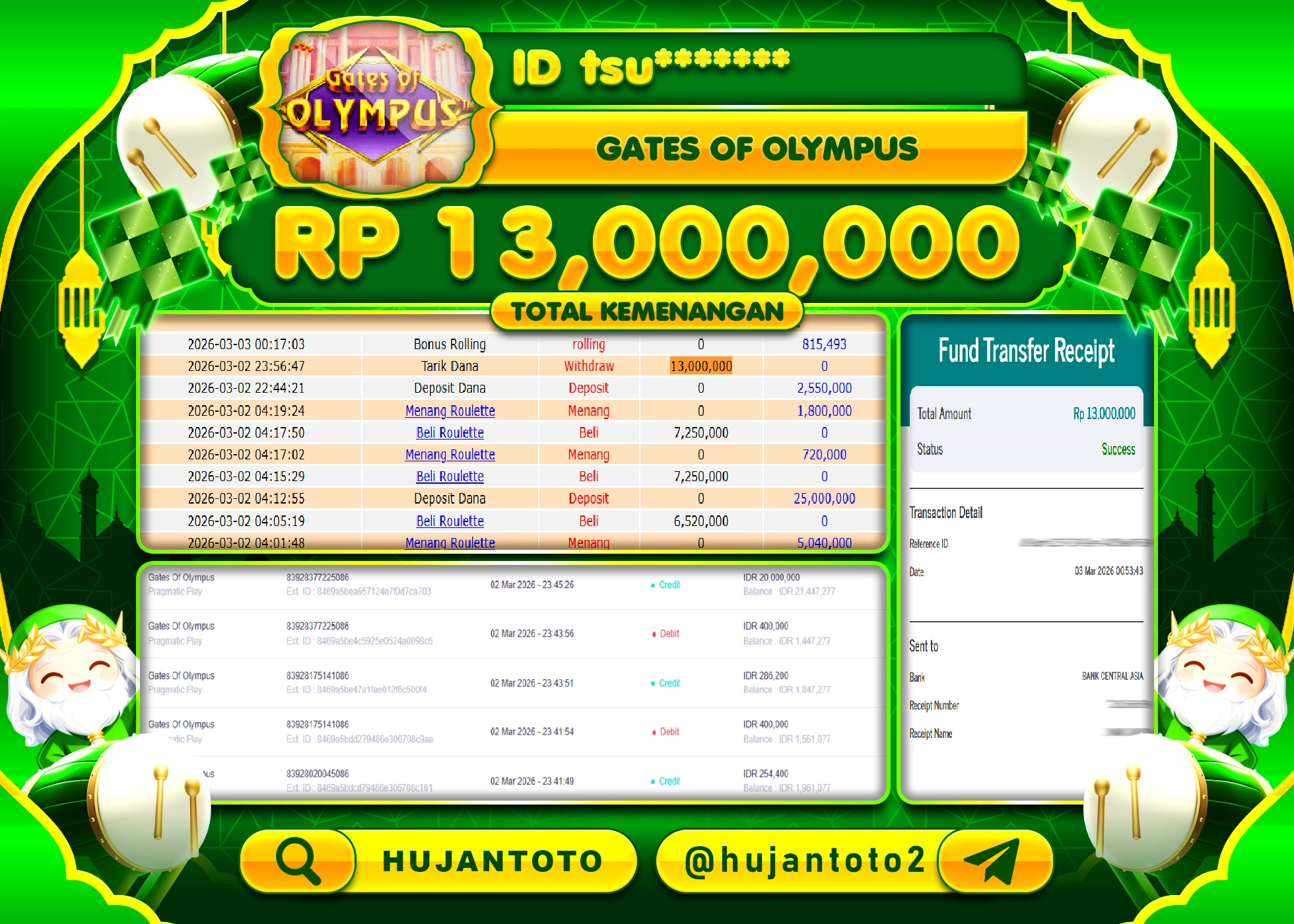 HUJANTOTO - BUKTI JACKPOT MENANG SLOT GATES  OF OLYMPUS Rp.13,000,000 - TERBAYAR LUNAS