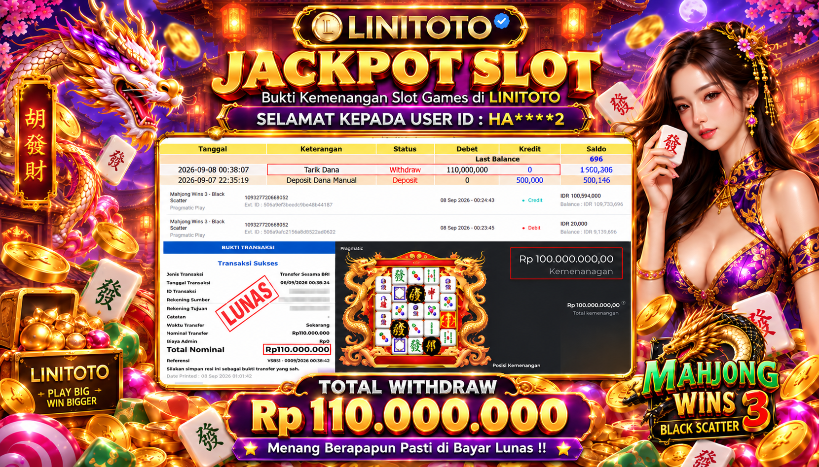 LINITOTO JACKPOT SLOT MAHJONG WINS 3 - BLACK SCATTER Rp.110,000,000- LUNAS