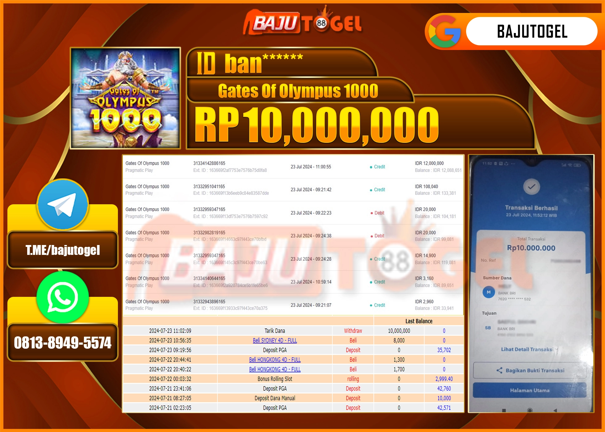 BAJUTOGEL JACKPOT SLOT GATES OF OLYMPUS 1000 Rp.10.000.000 LUNAS