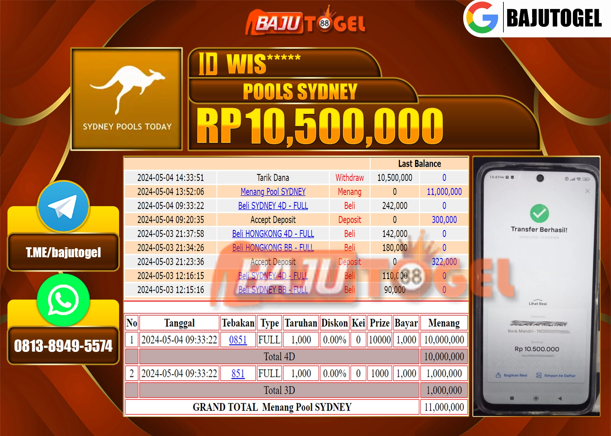BAJUTOGEL KEMENANGAN BESAR PASARAN SYDNEY POOLS Rp.10.500.000  LUNAS