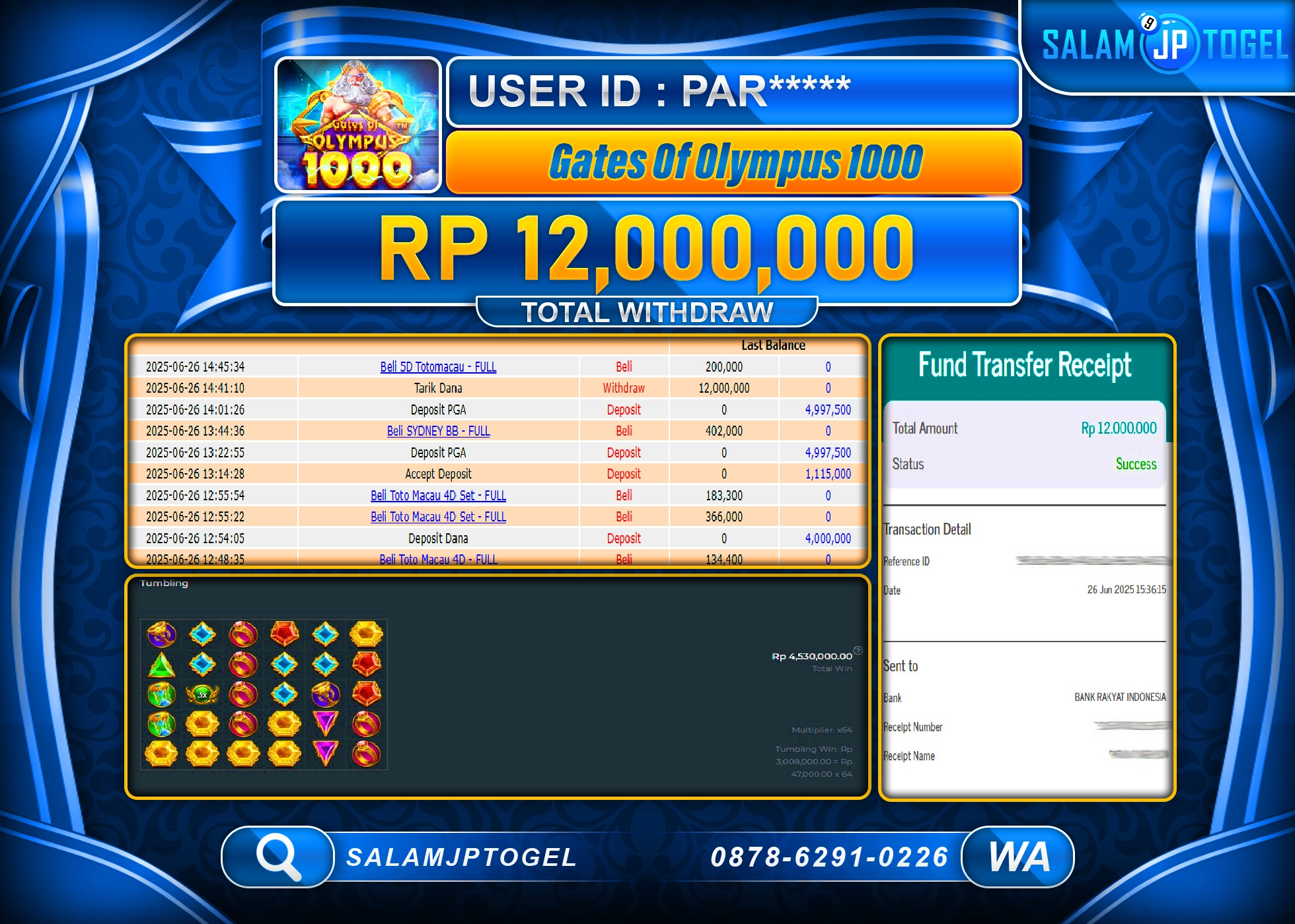 SALAMJPTOGEL MENANG Gates Of Olympus 1000 Rp.12,000,000 LUNAS