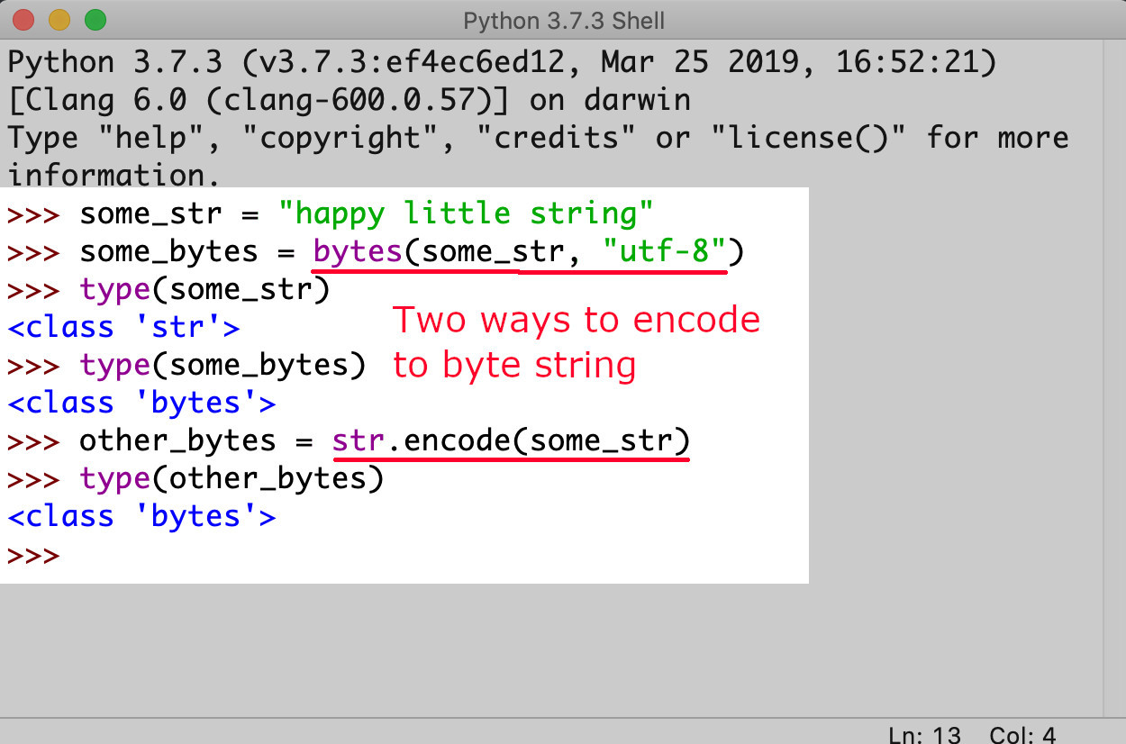 Screenshot of Python IDLE using two methods to convert string to bytes